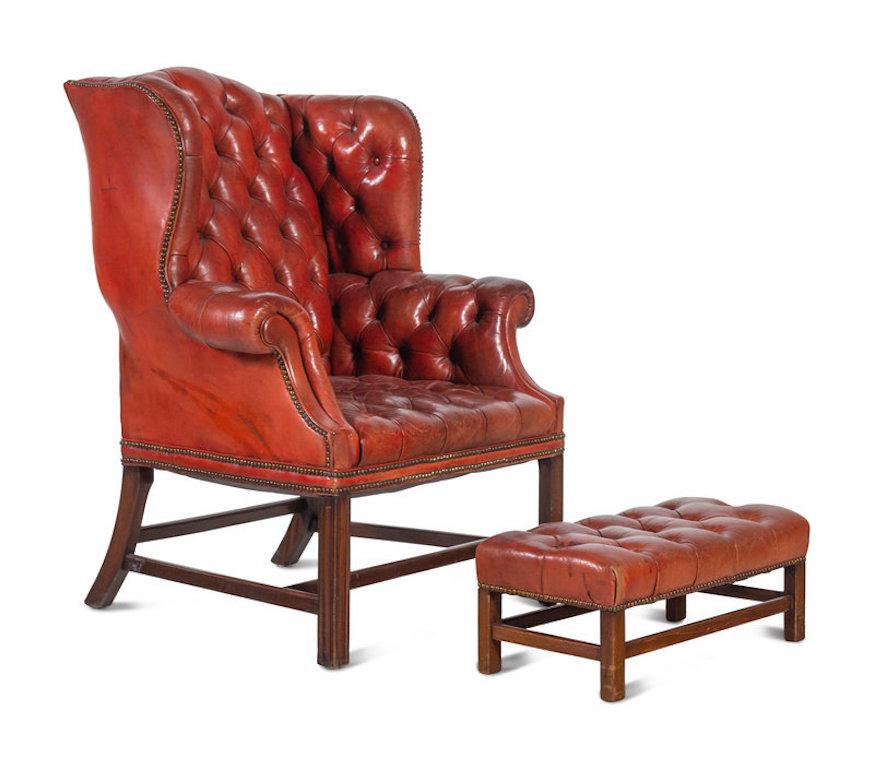 Georgian Pair of 19th Century Red Leather Covered Wingback Chairs
