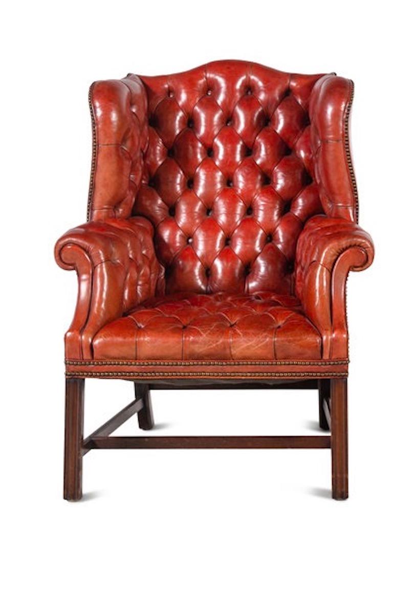English Pair of 19th Century Red Leather Covered Wingback Chairs