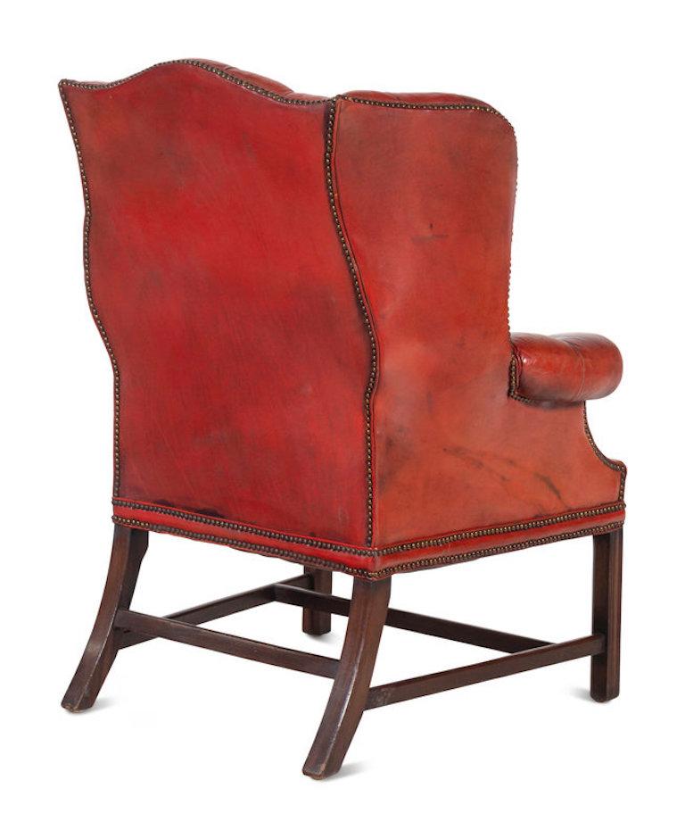 Pair of 19th Century Red Leather Covered Wingback Chairs In Good Condition In Essex, MA