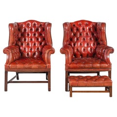 Pair of 19th Century Red Leather Covered Wingback Chairs