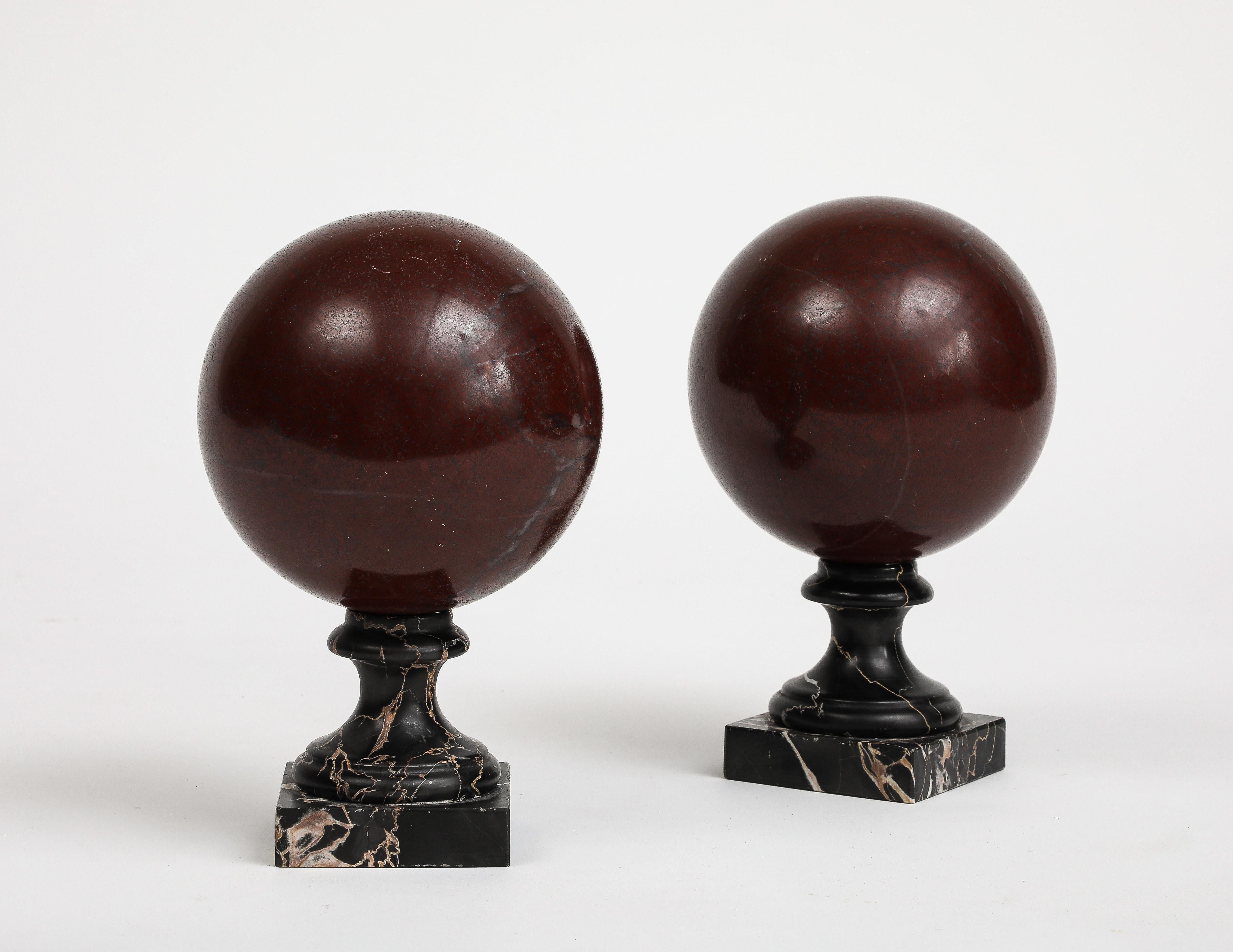 Pair of 19th Century Red Marble Spheres on Black Marble Stands For Sale 6