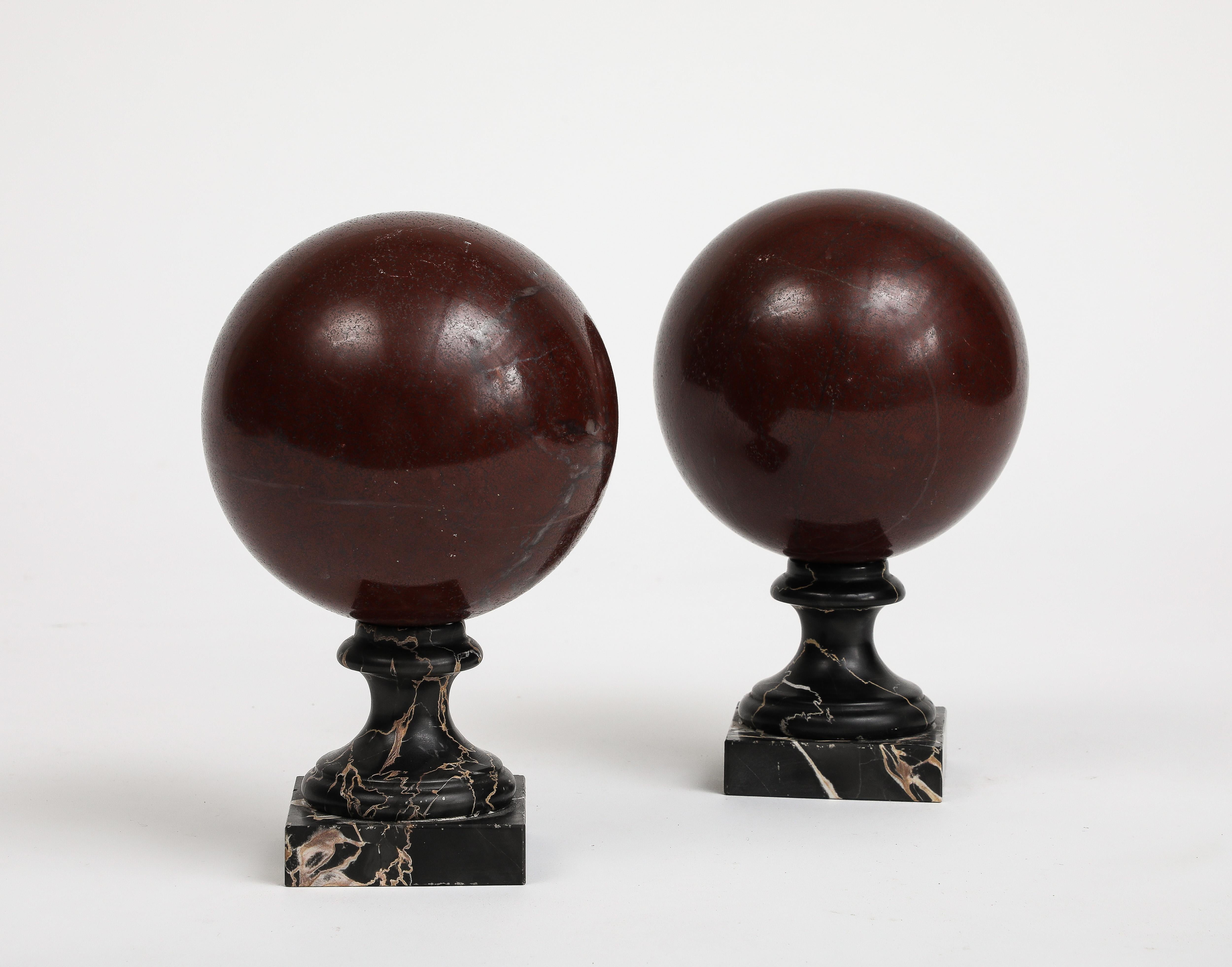 Pair of 19th Century Red Marble Spheres on Black Marble Stands For Sale 7