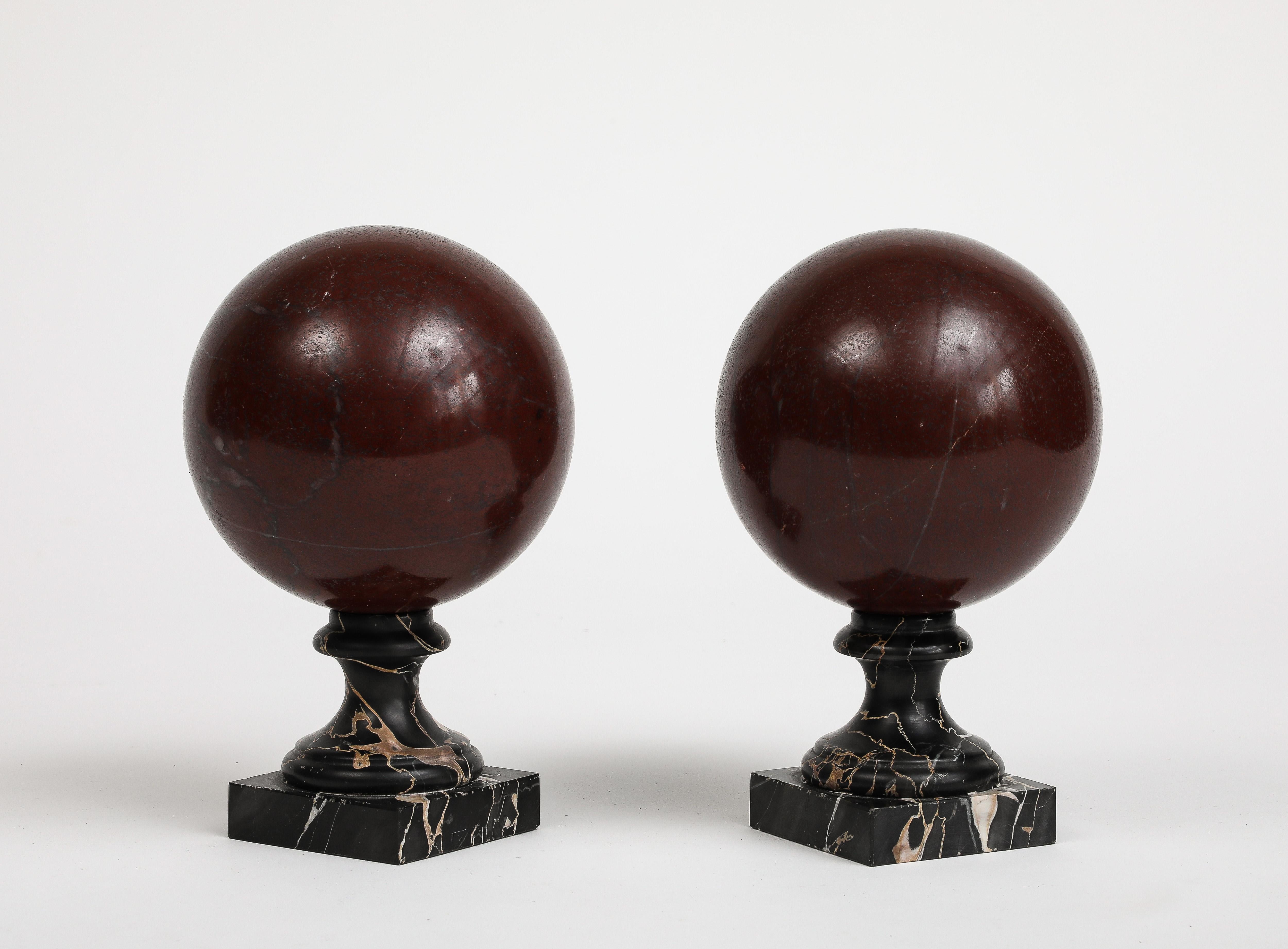 Pair of 19th Century Red Marble Spheres on Black Marble Stands For Sale 1