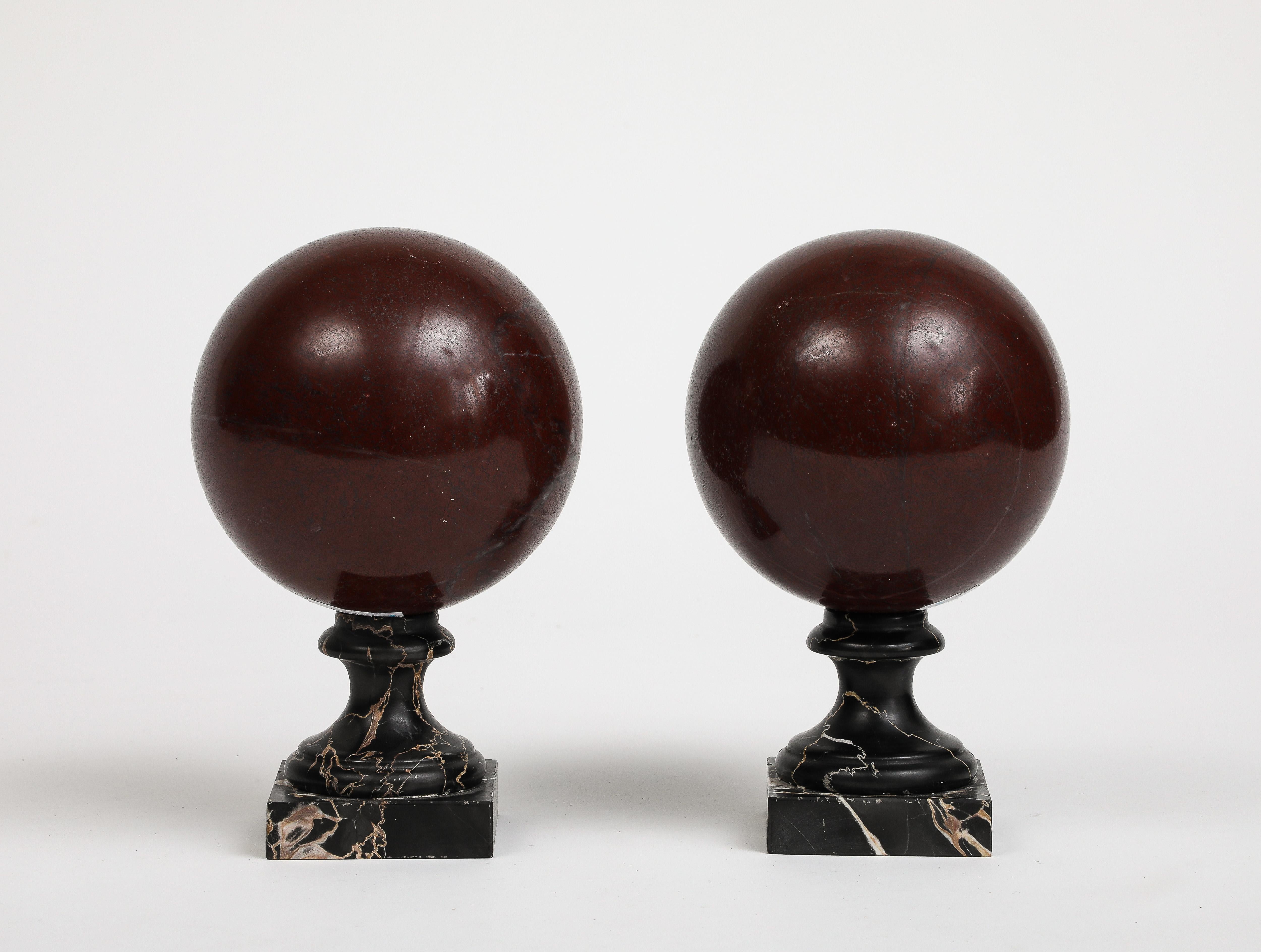 Pair of 19th Century Red Marble Spheres on Black Marble Stands For Sale 3