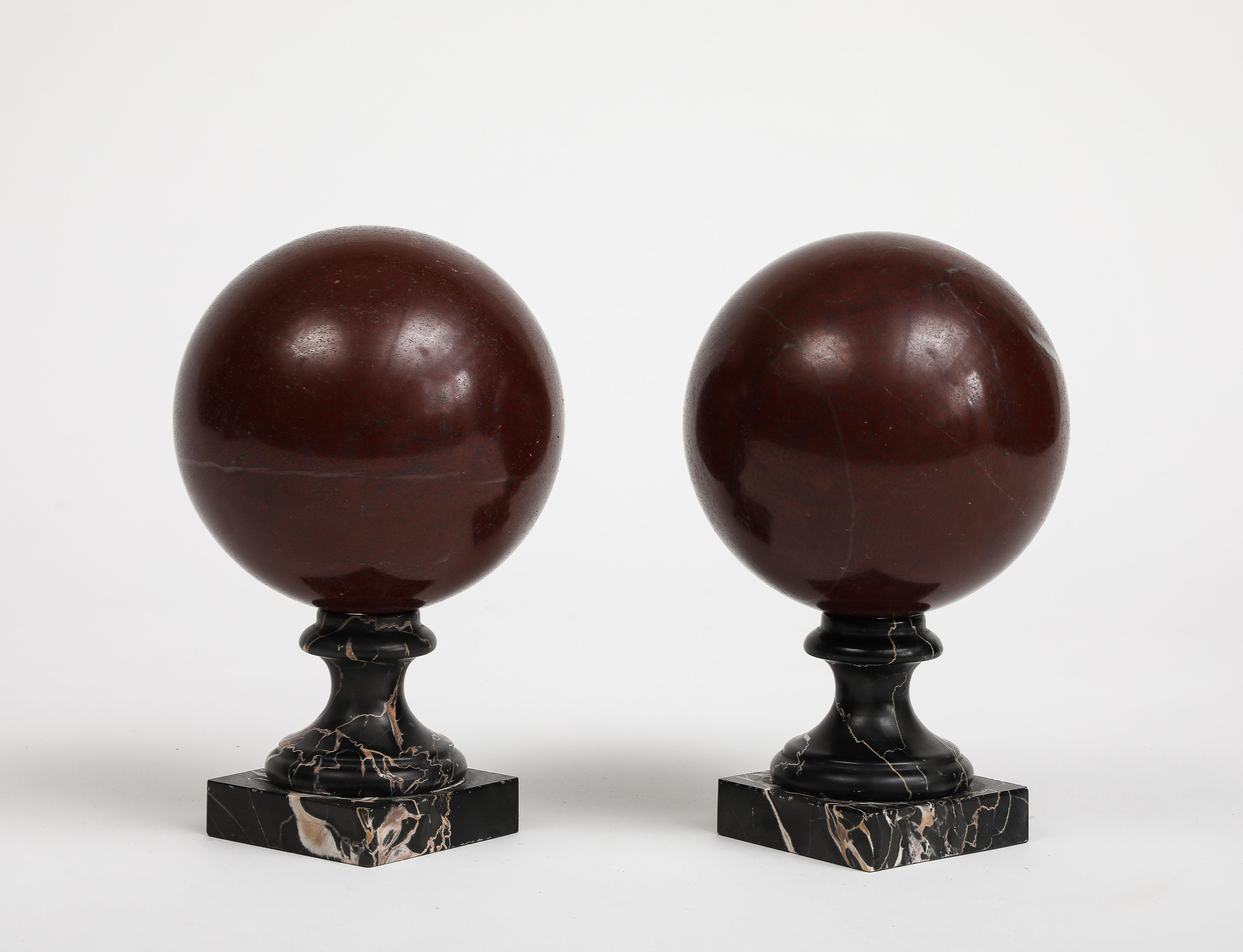 Pair of 19th Century Red Marble Spheres on Black Marble Stands For Sale 4
