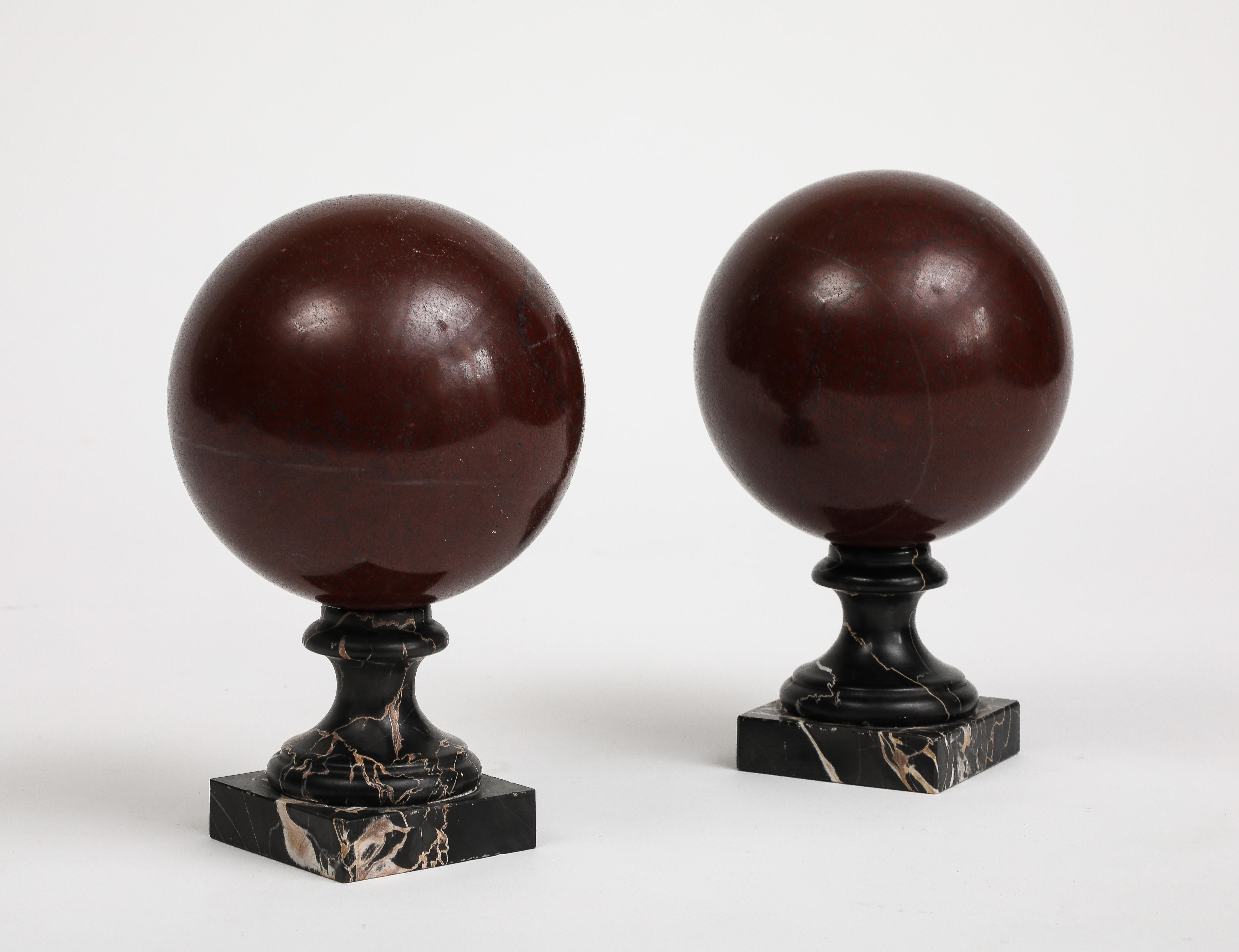 Pair of 19th Century Red Marble Spheres on Black Marble Stands For Sale 5