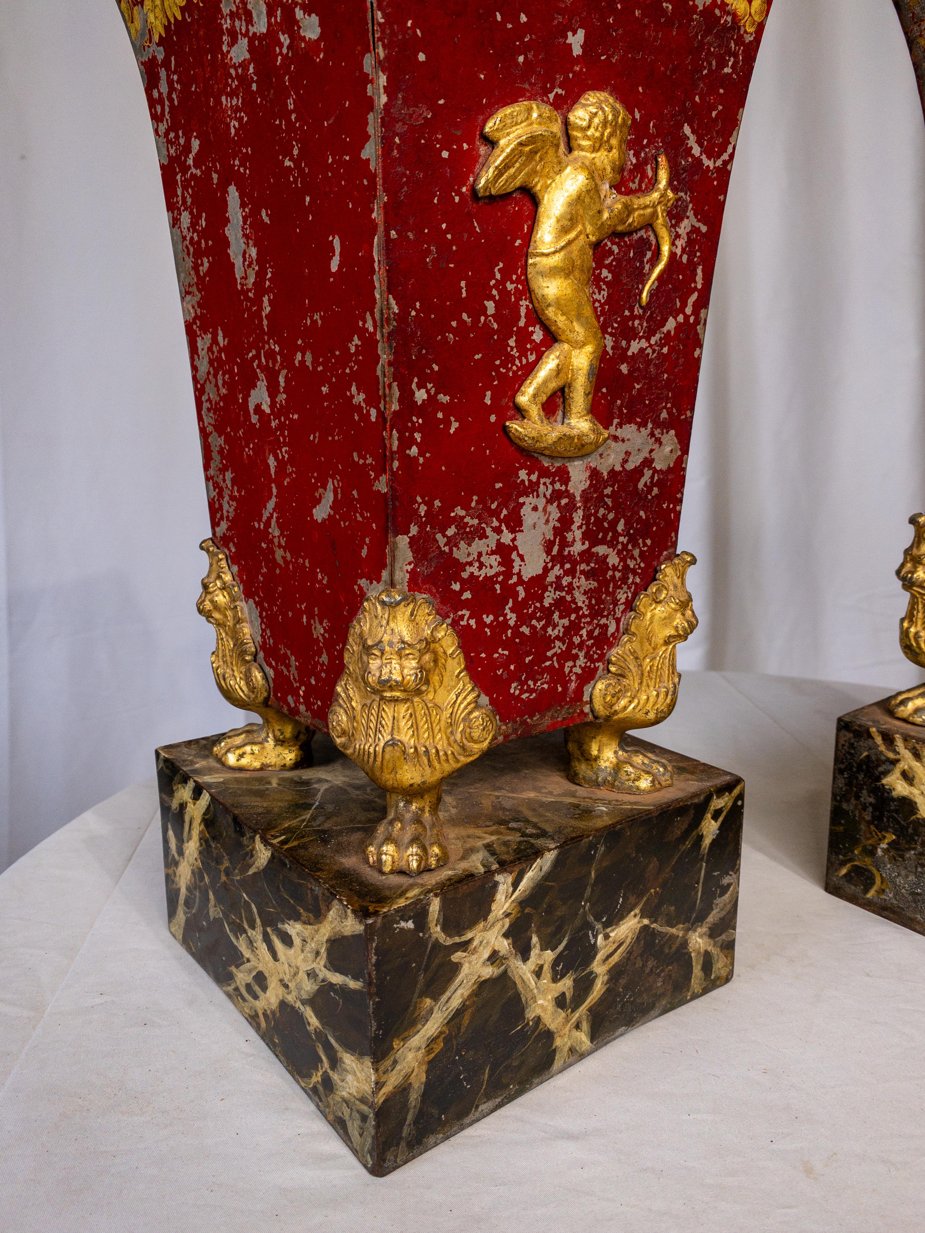 Pair of 19th Century Red Painted and Gilt Tole Jardinieres on Faux Marble Stand For Sale 5