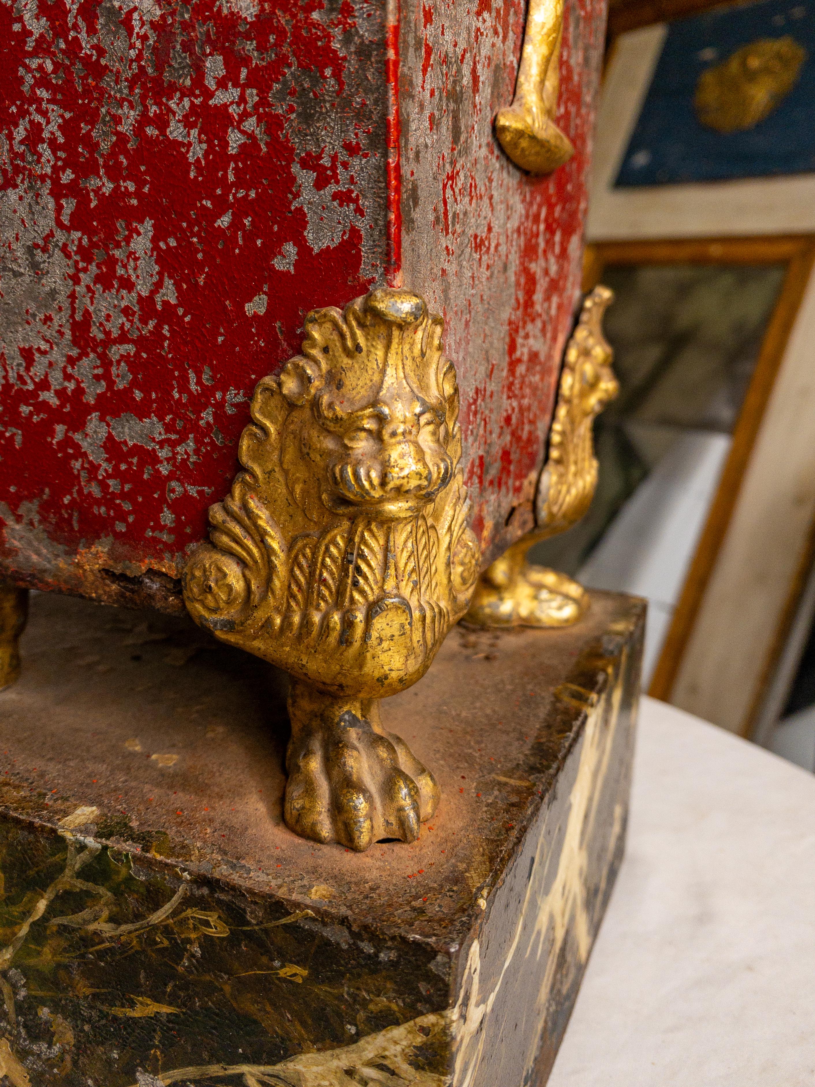 Pair of 19th Century Red Painted and Gilt Tole Jardinieres on Faux Marble Stand For Sale 10