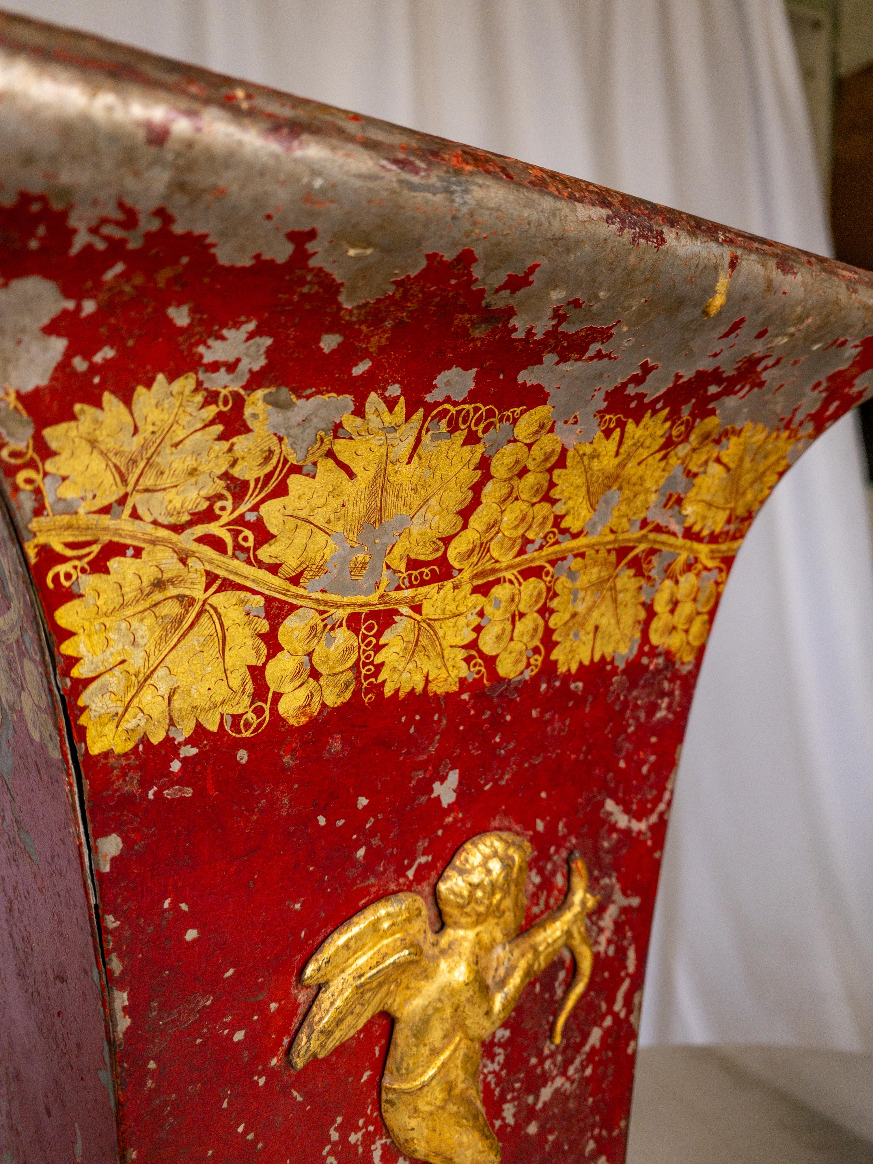 Pair of 19th Century Red Painted and Gilt Tole Jardinieres on Faux Marble Stand For Sale 11