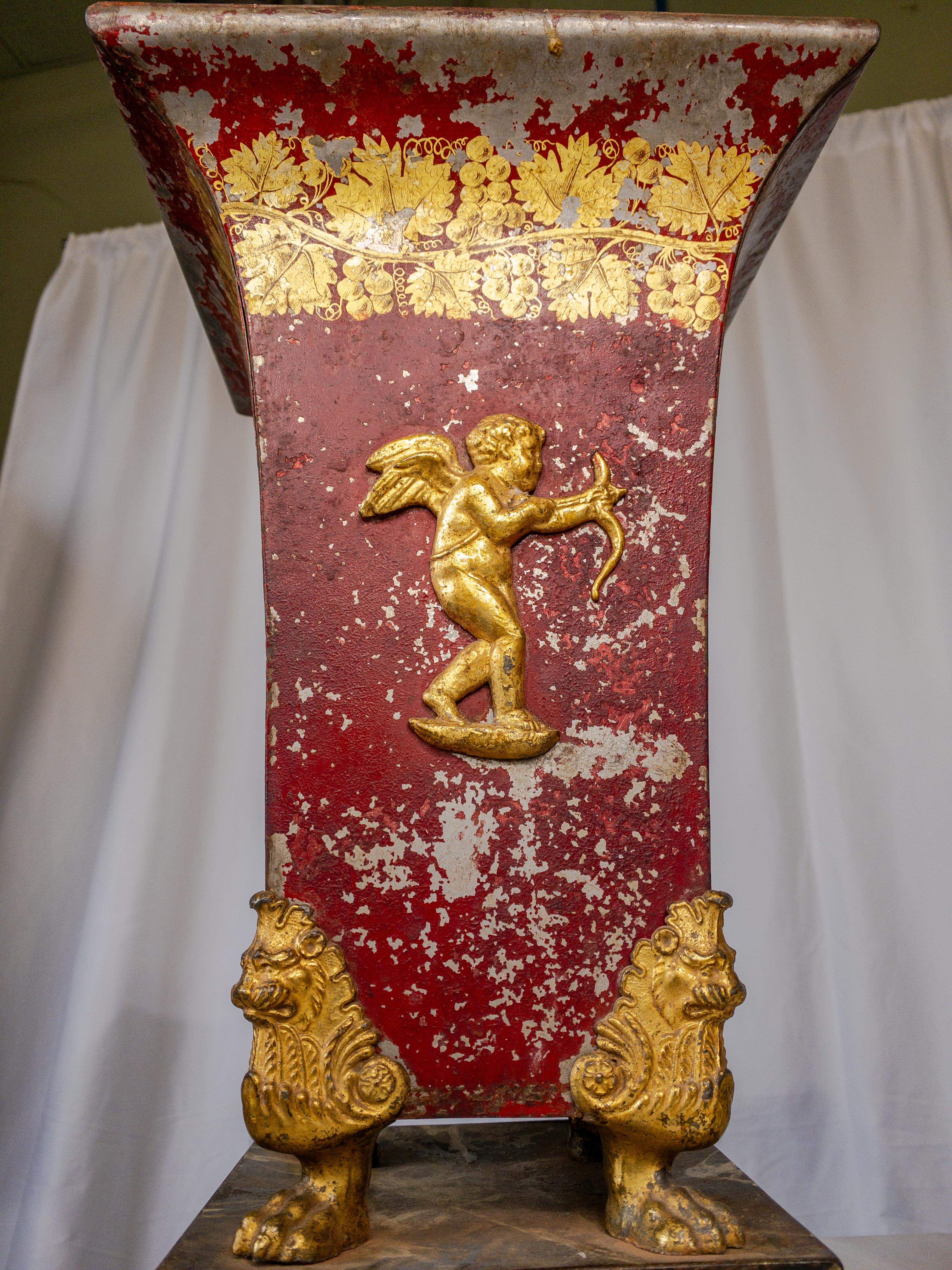 Pair of 19th Century Red Painted and Gilt Tole Jardinieres on Faux Marble Stand For Sale 12