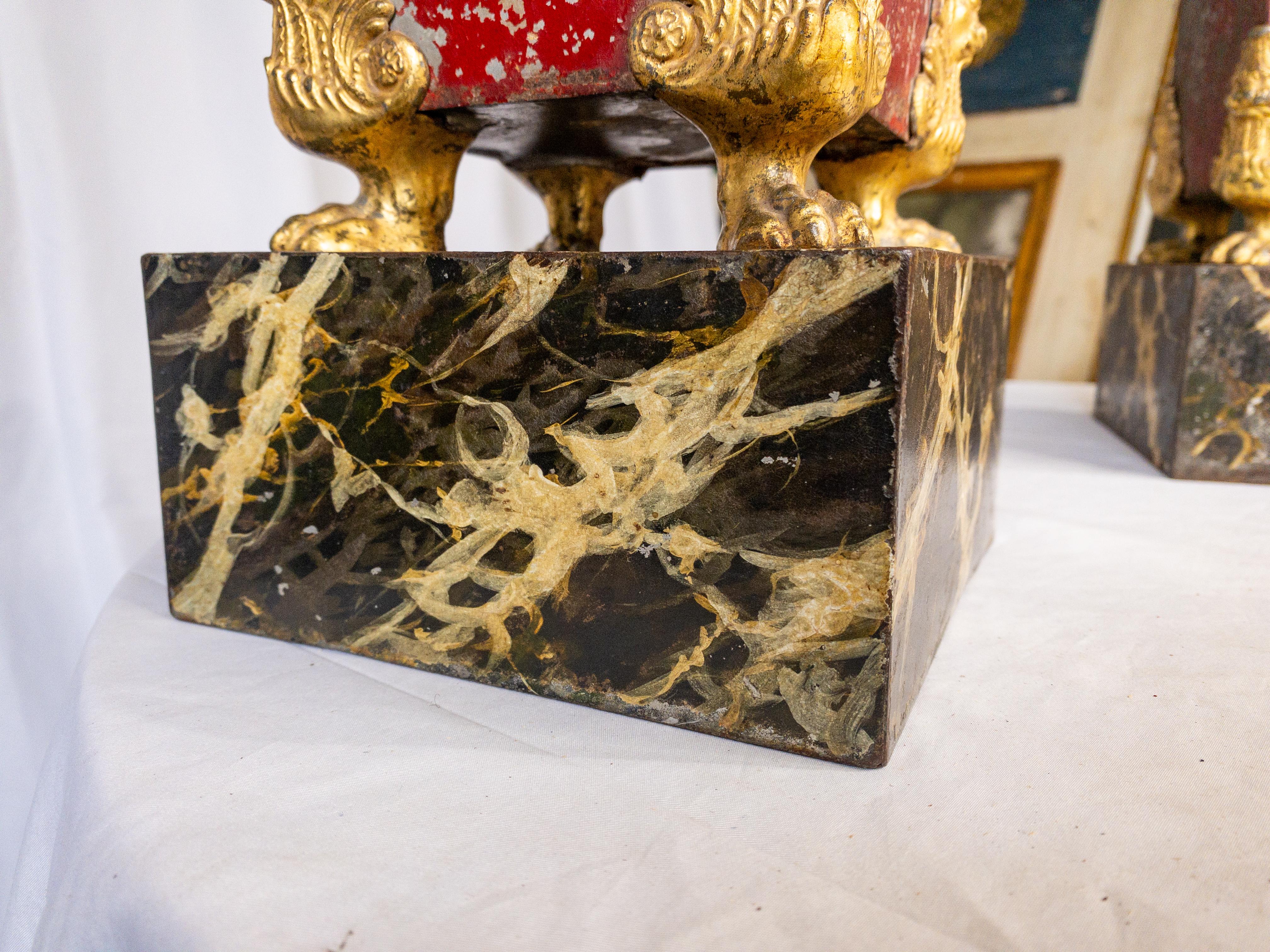 Pair of 19th Century Red Painted and Gilt Tole Jardinieres on Faux Marble Stand For Sale 13