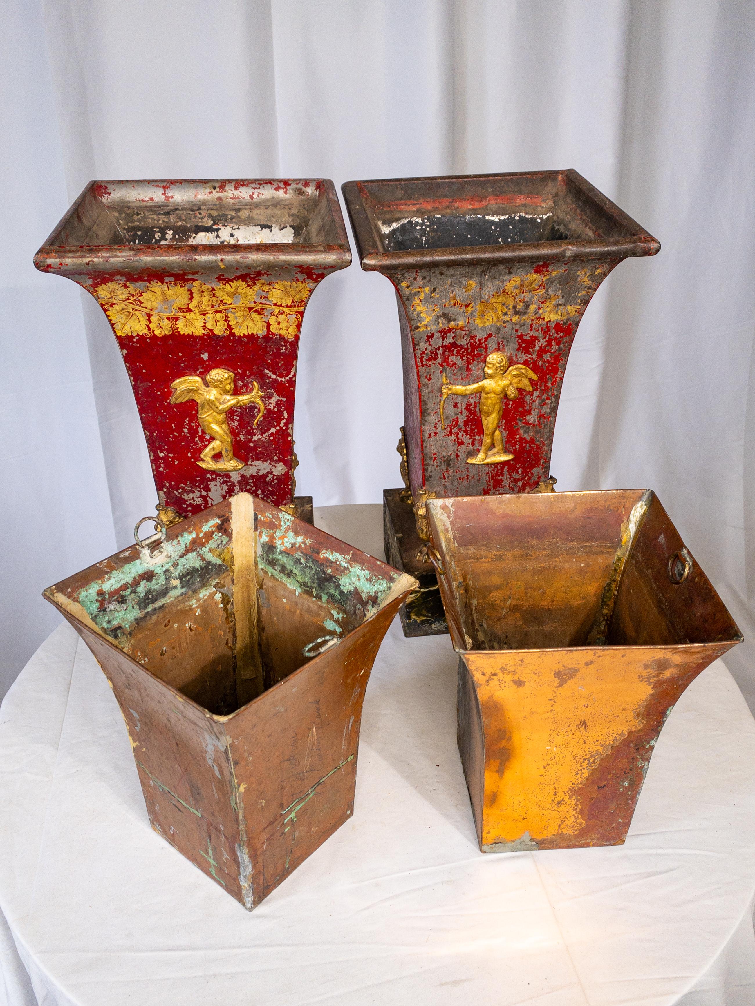 Pair of 19th Century Red Painted and Gilt Tole Jardinieres on Faux Marble Stand For Sale 14