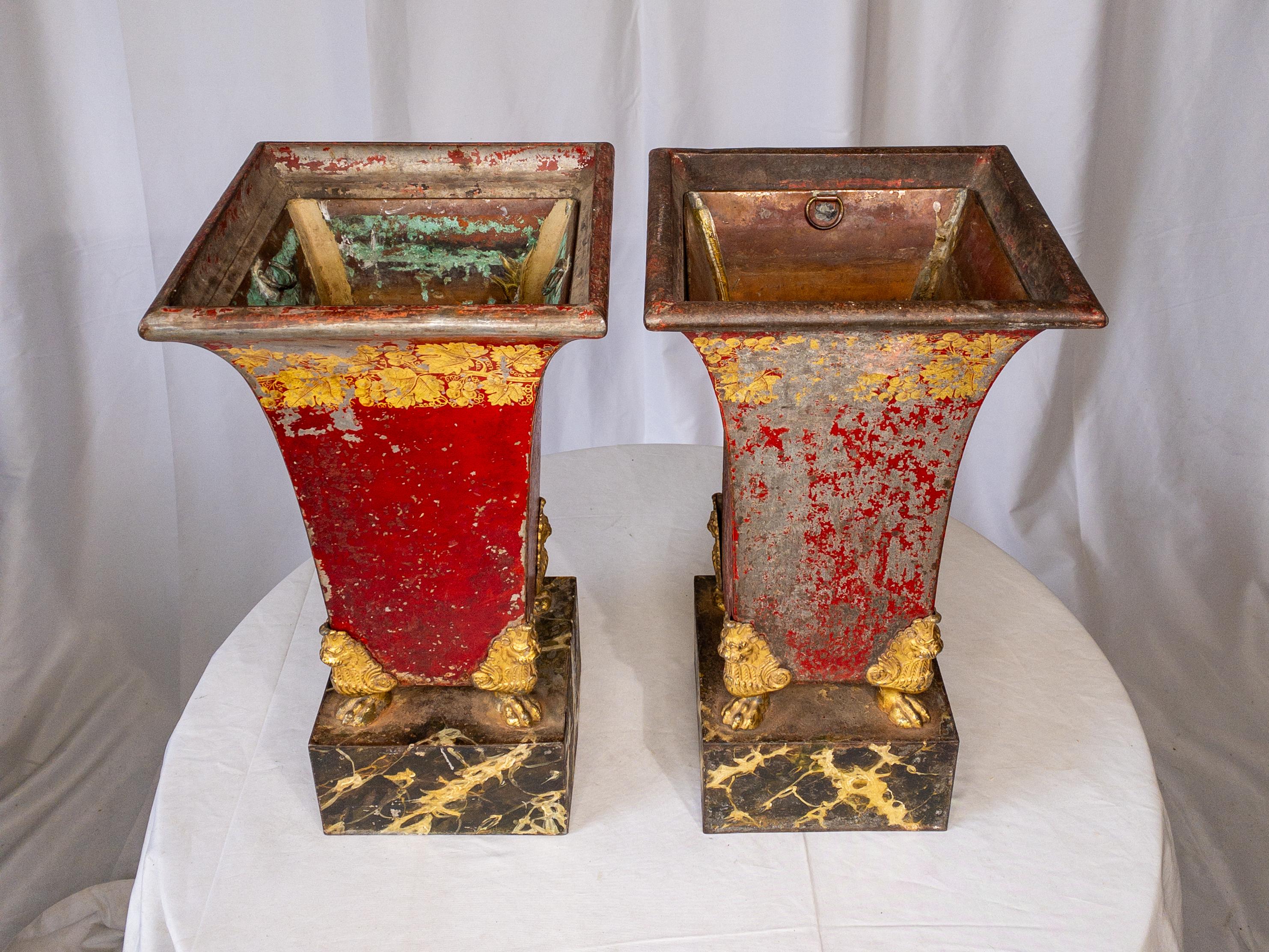 French Pair of 19th Century Red Painted and Gilt Tole Jardinieres on Faux Marble Stand For Sale