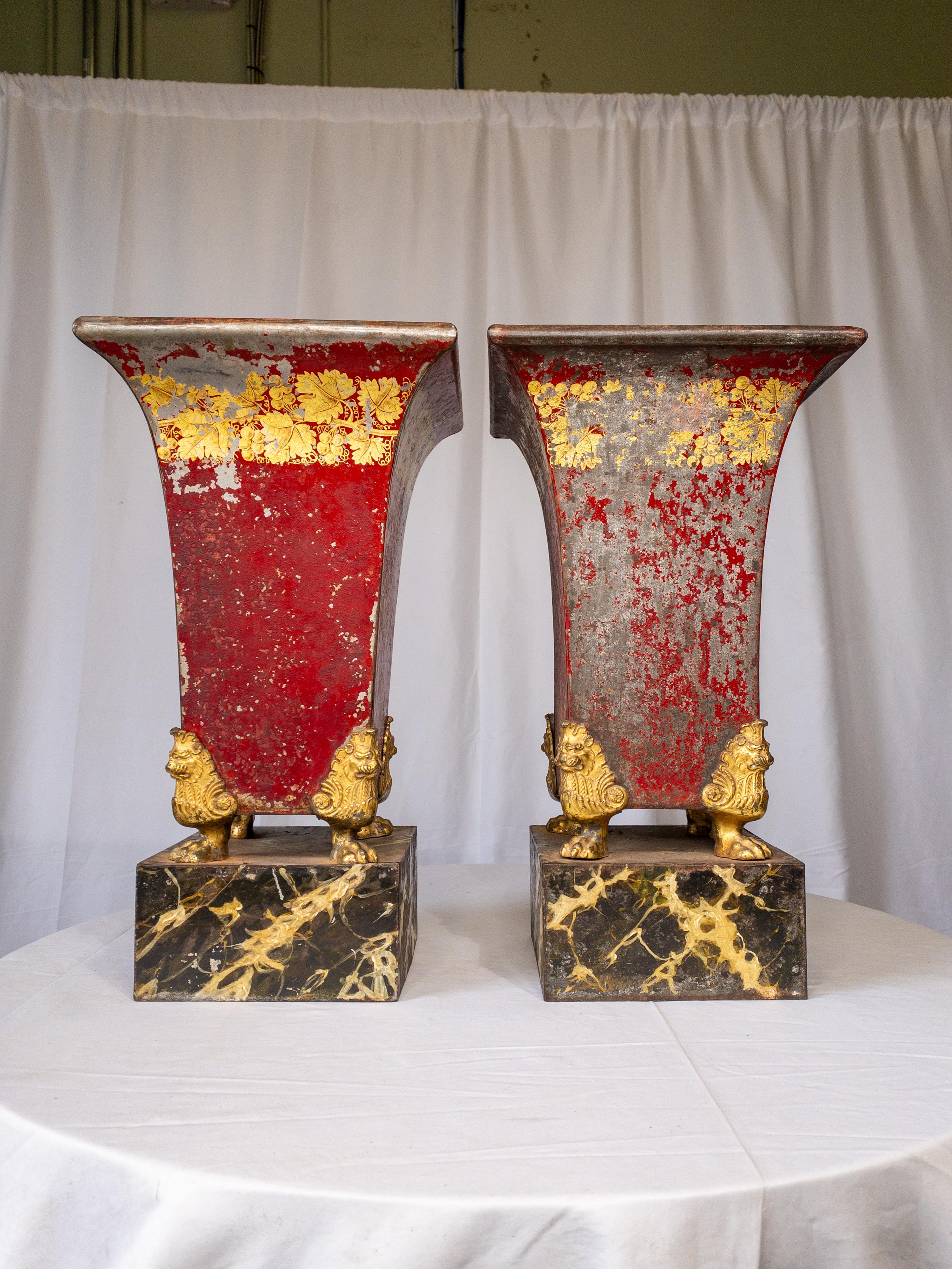 Metal Pair of 19th Century Red Painted and Gilt Tole Jardinieres on Faux Marble Stand For Sale