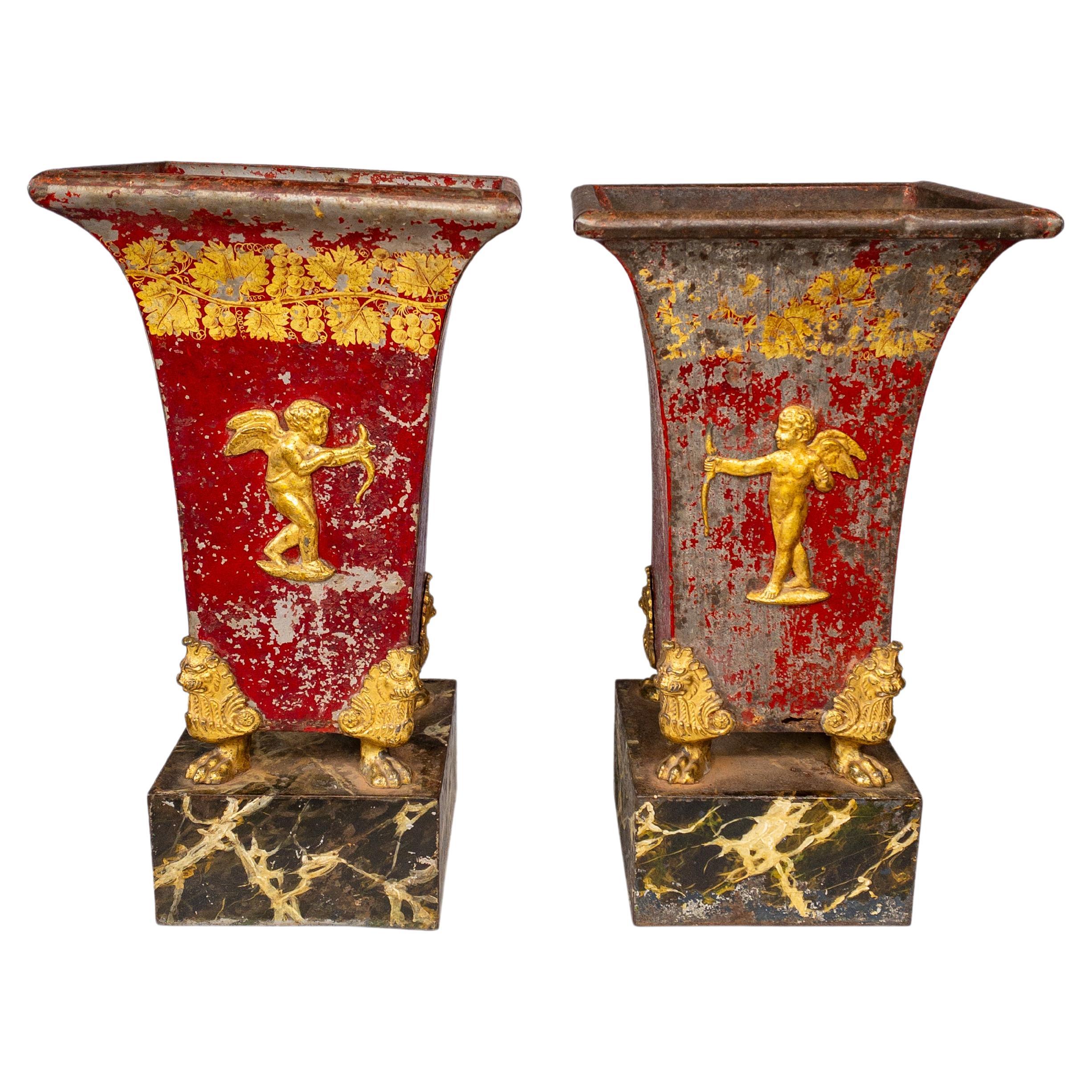 Pair of 19th Century Red Painted and Gilt Tole Jardinieres on Faux Marble Stand For Sale