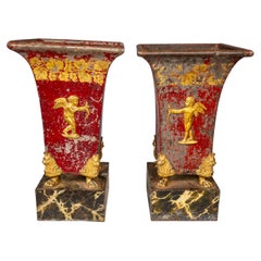 Antique Pair of 19th Century Red Painted and Gilt Tole Jardinieres on Faux Marble Stand