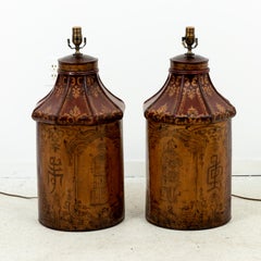 Pair of 19th Century Red Painted Tea Tin Table Lamps