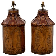 Antique Pair of 19th Century Red Painted Tea Tin Table Lamps