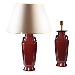 Pair of 19th Century Red Sang De Boeuf Ceramic Vases as Table Lamps