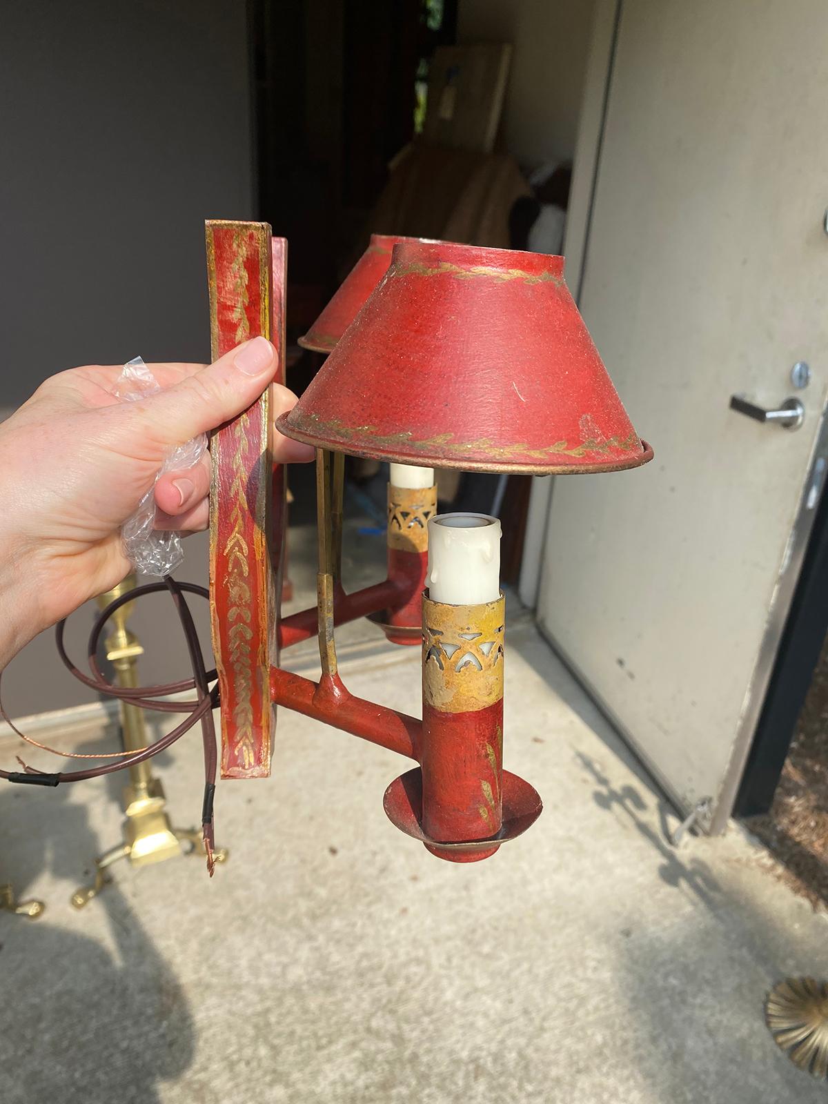 Pair of 19th Century Red Tole Lyre Form Two-Arm Sconces with Shades 5