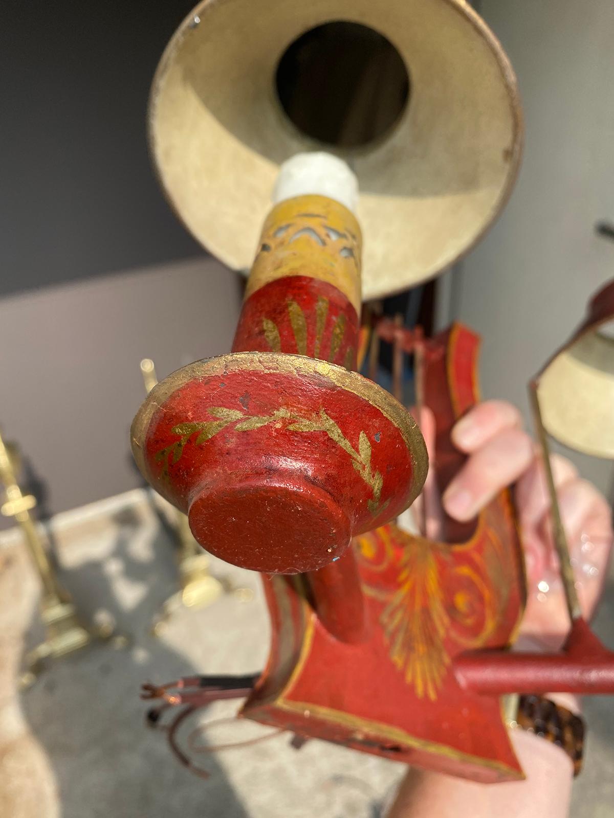 Pair of 19th Century Red Tole Lyre Form Two-Arm Sconces with Shades 6