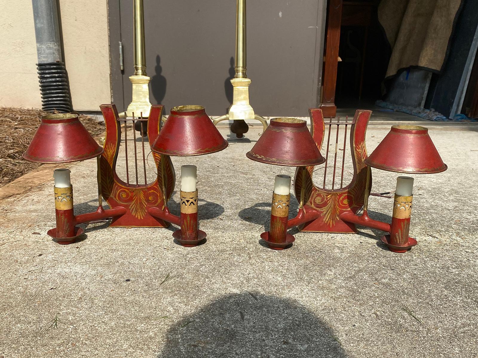 Pair of 19th century red Tole Lyre form two-arm sconces with shades
New wiring.