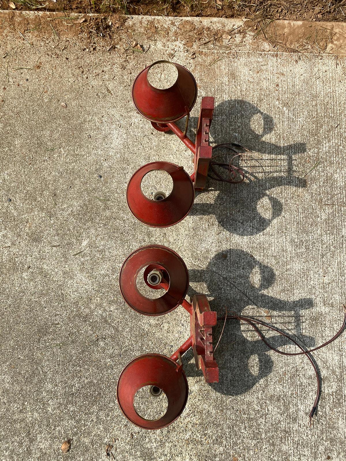 Pair of 19th Century Red Tole Lyre Form Two-Arm Sconces with Shades In Good Condition In Atlanta, GA