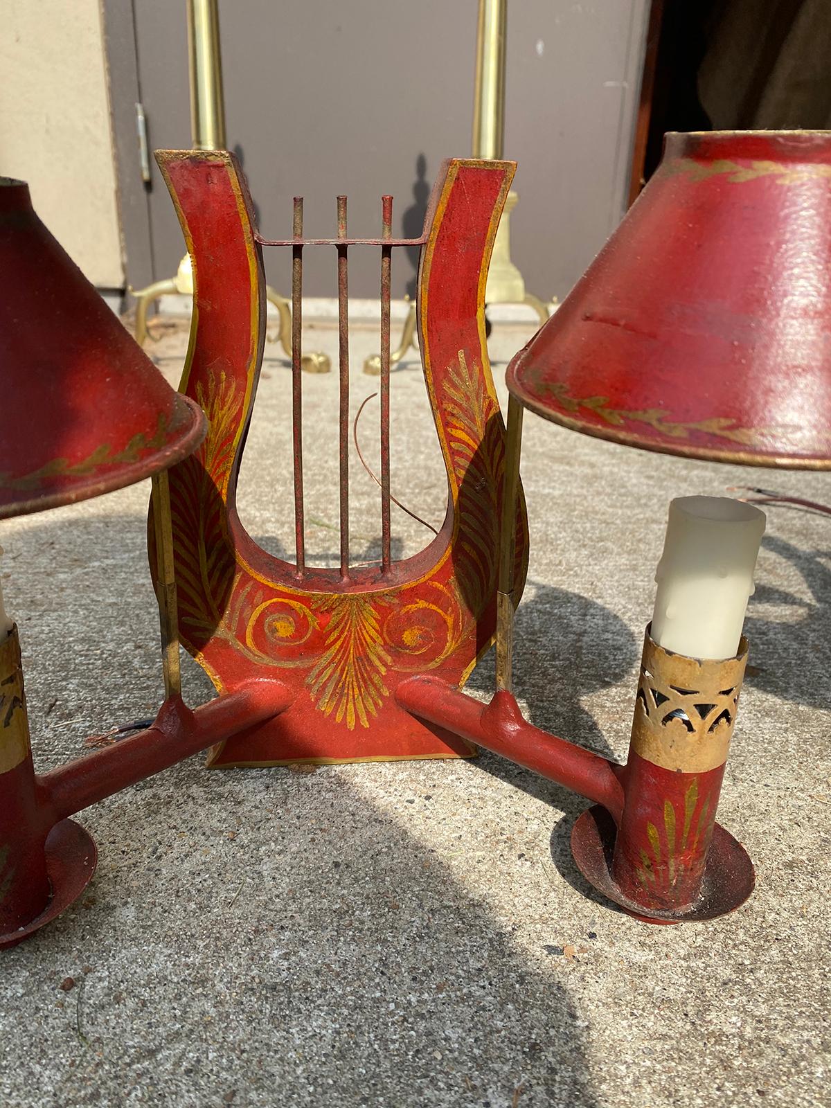 Pair of 19th Century Red Tole Lyre Form Two-Arm Sconces with Shades 1
