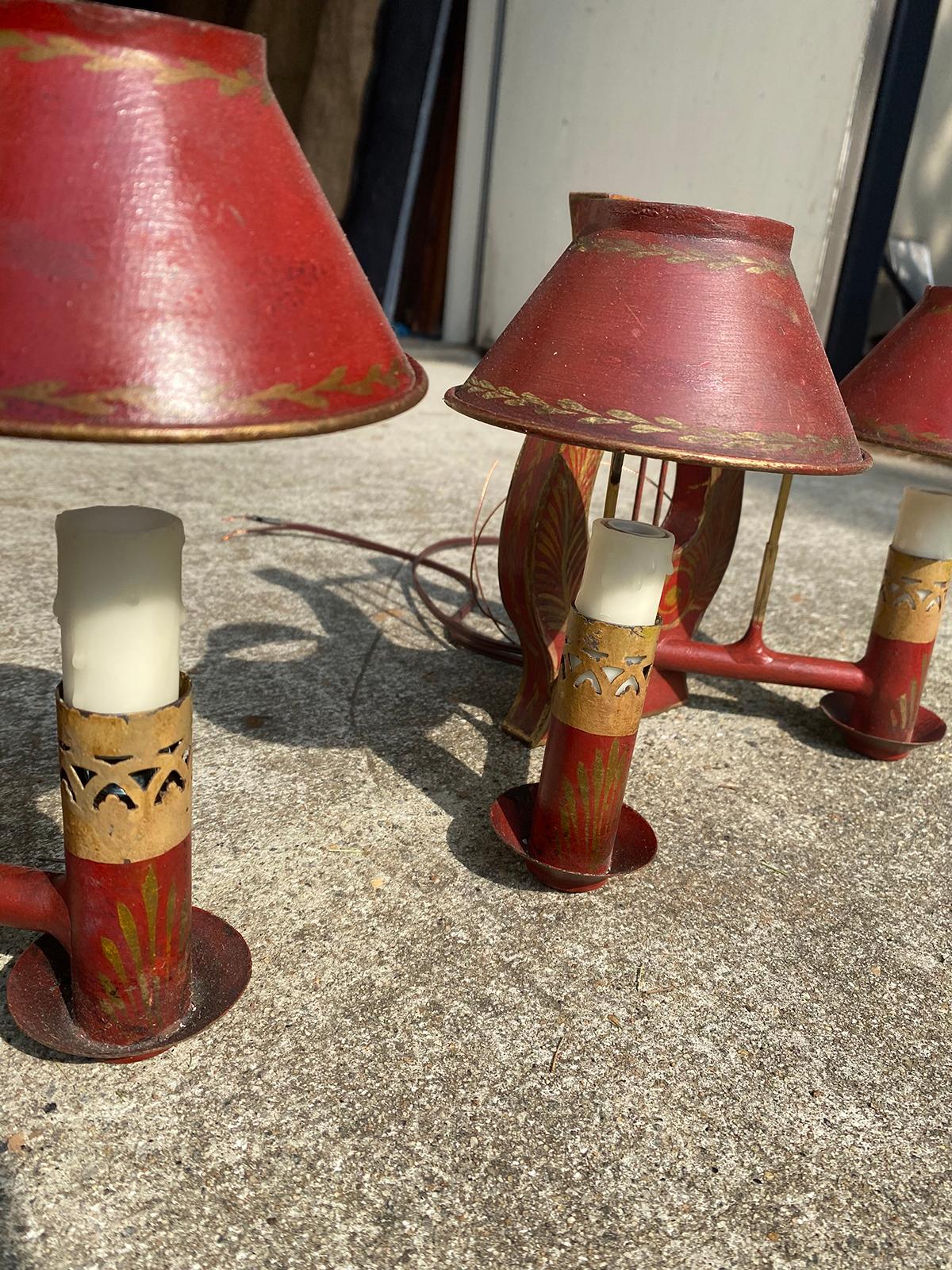 Pair of 19th Century Red Tole Lyre Form Two-Arm Sconces with Shades 2