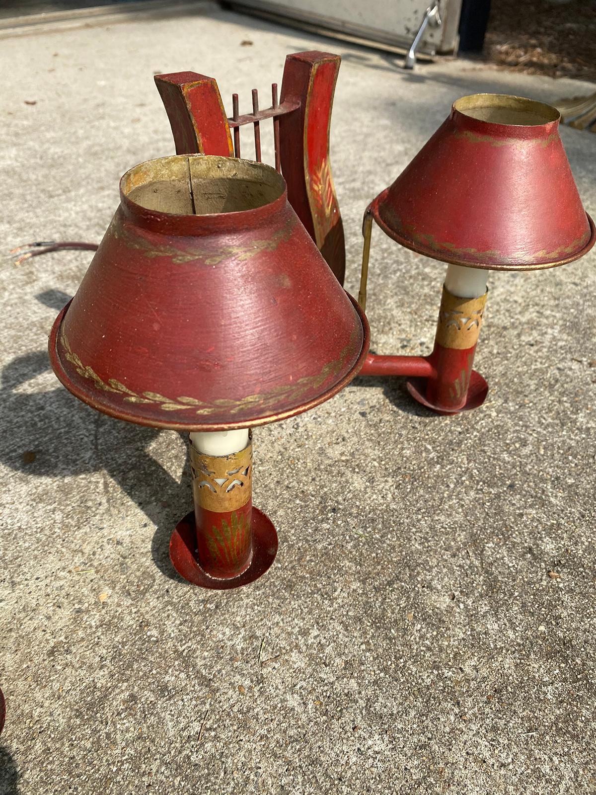 Pair of 19th Century Red Tole Lyre Form Two-Arm Sconces with Shades 3