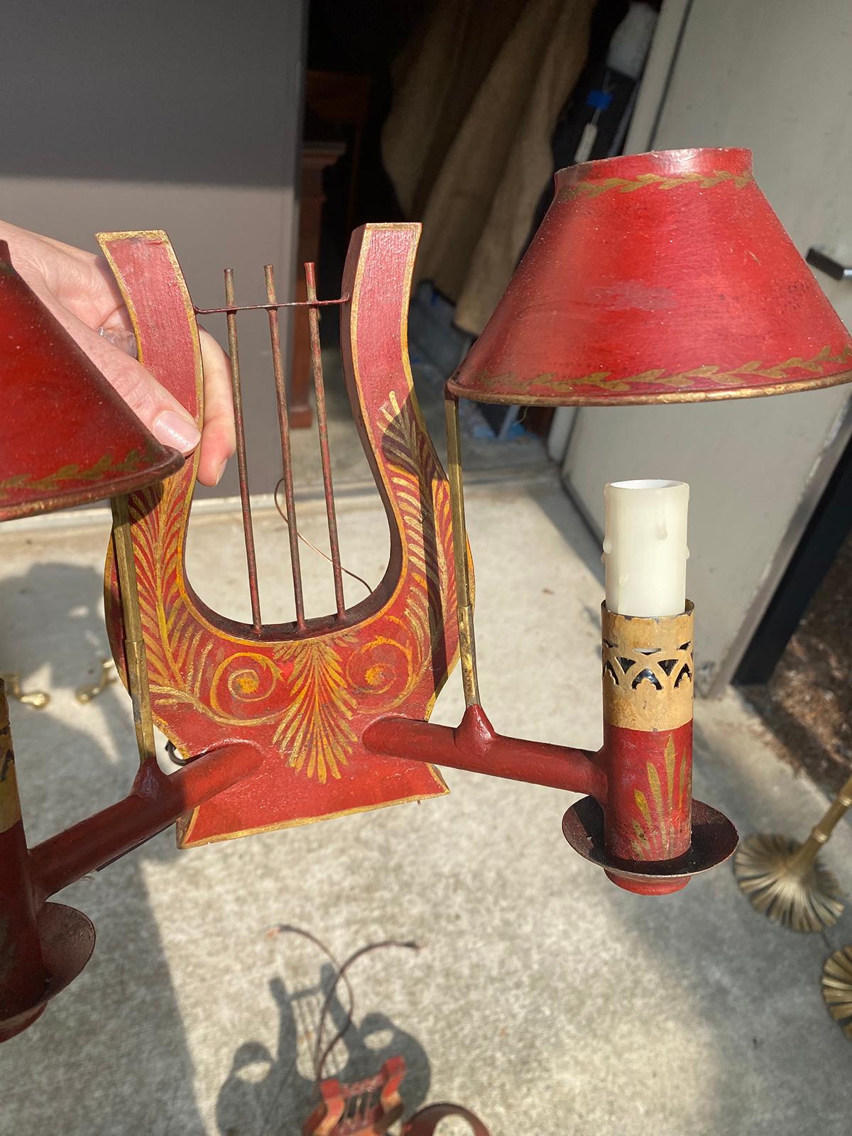 Pair of 19th Century Red Tole Lyre Form Two-Arm Sconces with Shades 4