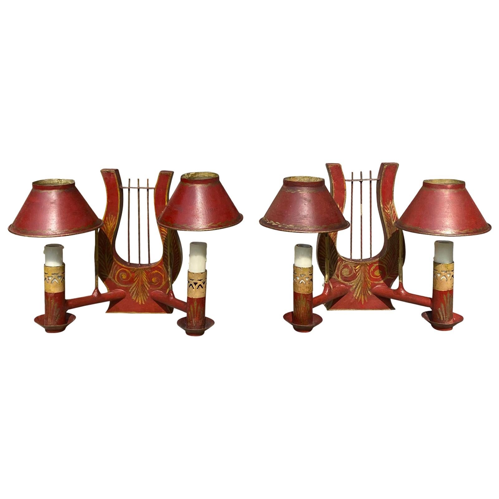 Pair of 19th Century Red Tole Lyre Form Two-Arm Sconces with Shades