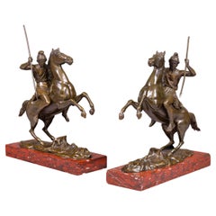 Pair Of 19th Century Regency Bronzes Of Roman Soldiers On Marble Plinths