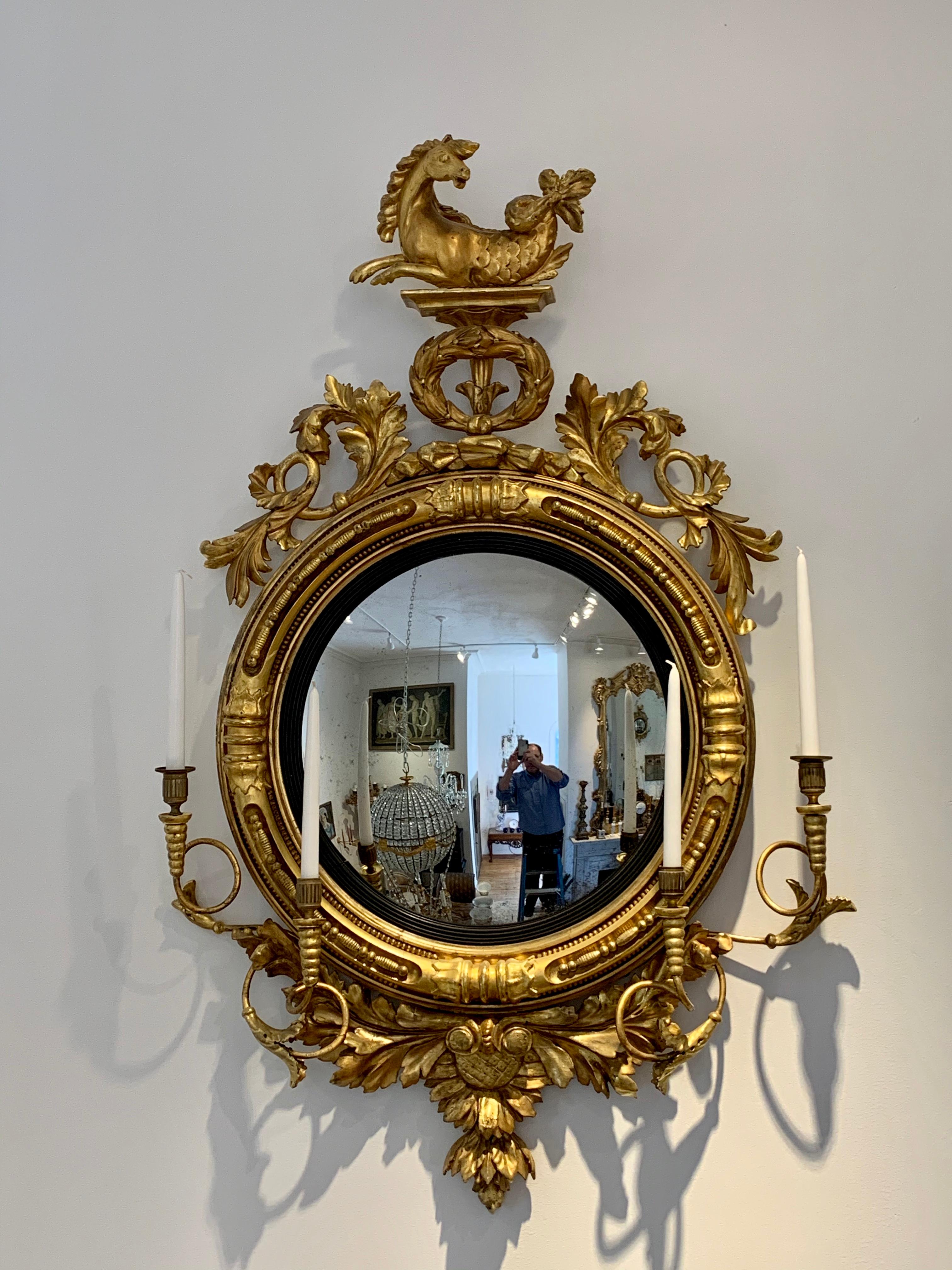 Pair of 19th Century Regency Convex Mirror Girandoles with Hippocampus 8