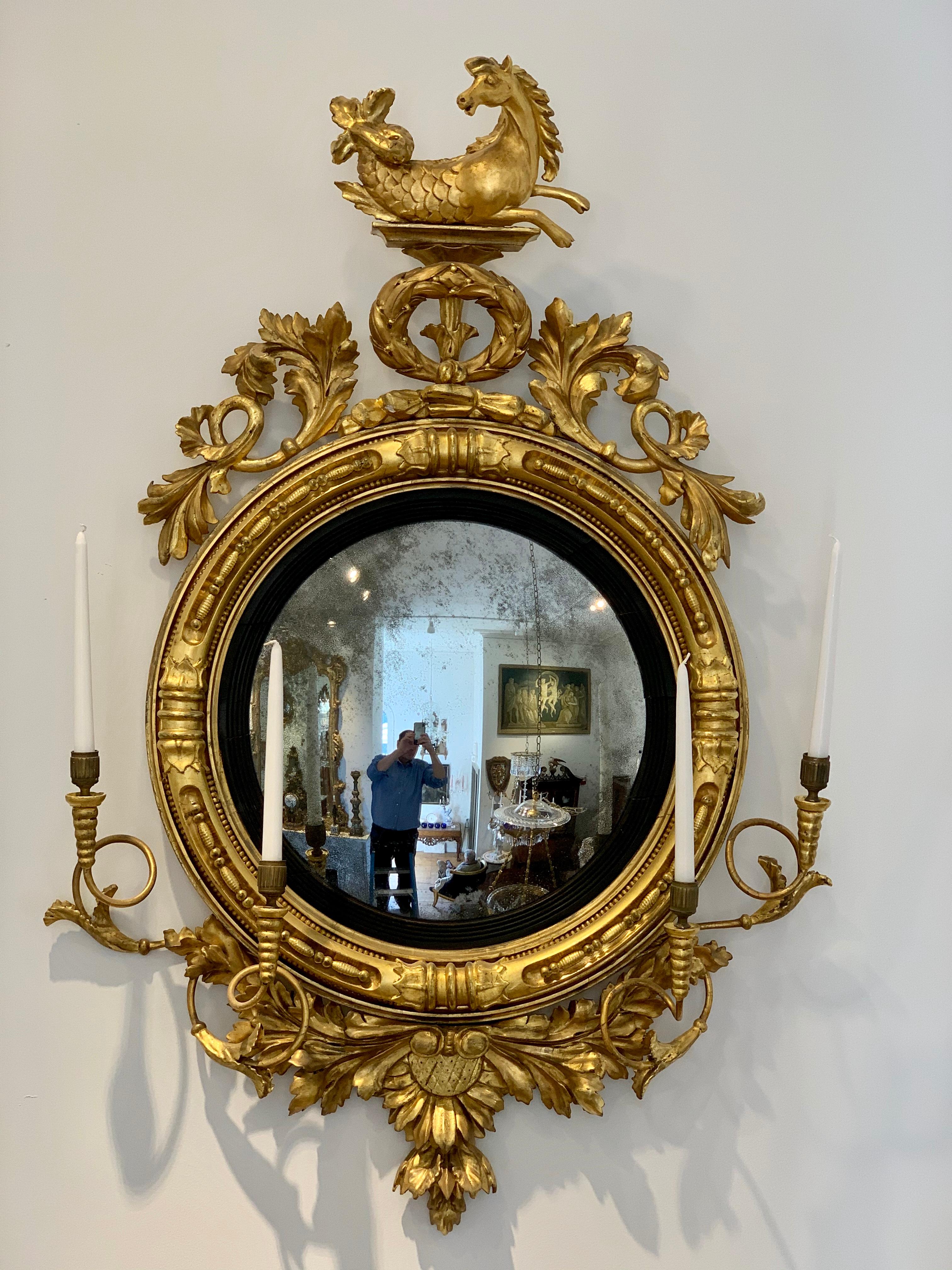 English Pair of 19th Century Regency Convex Mirror Girandoles with Hippocampus