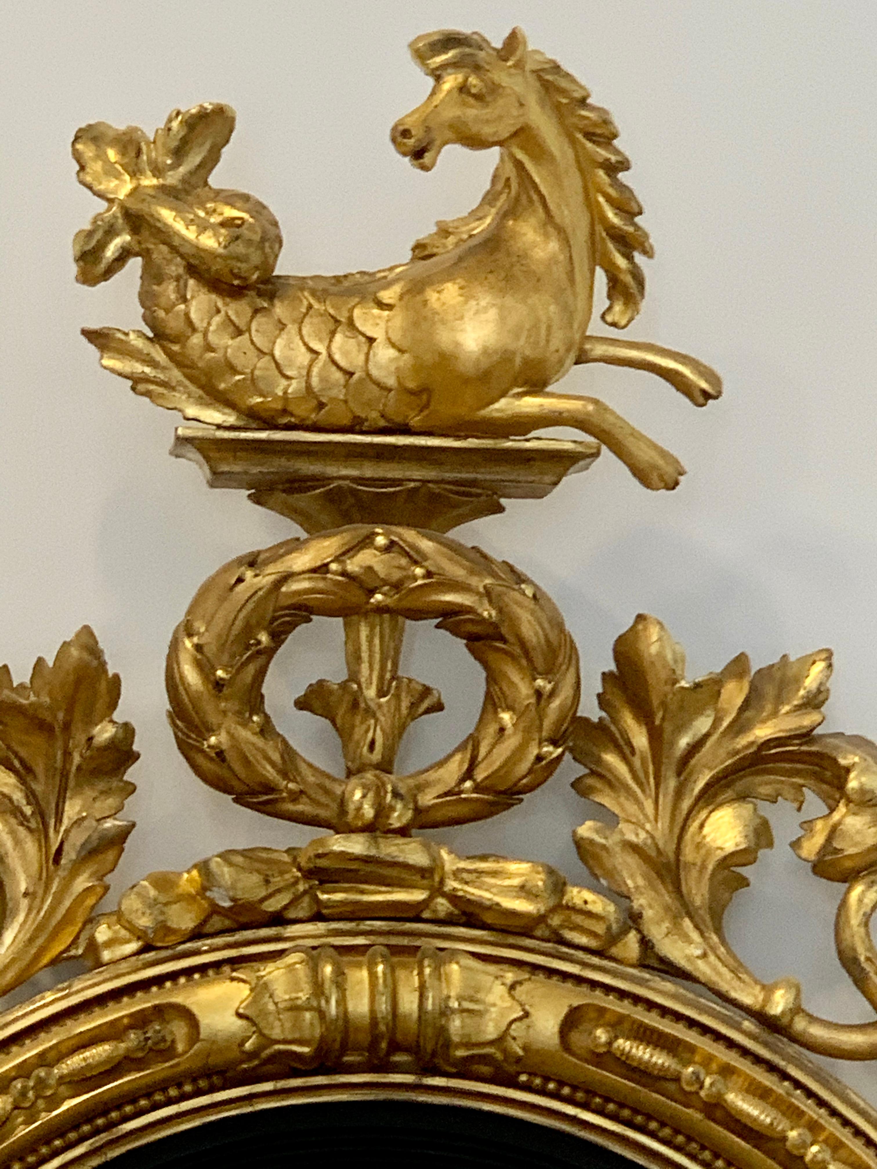 Pair of 19th Century Regency Convex Mirror Girandoles with Hippocampus In Good Condition In Essex, MA