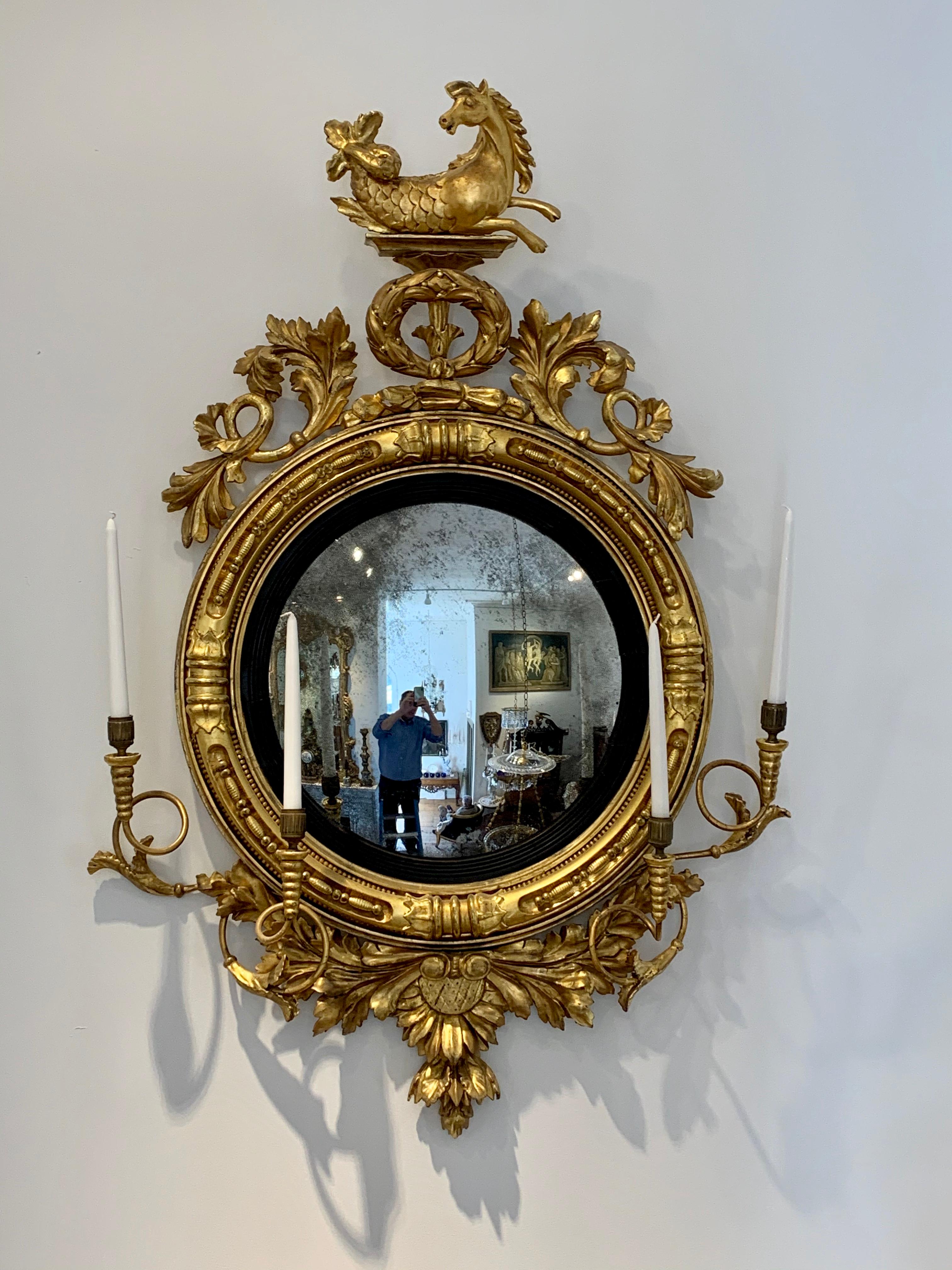 Pair of 19th Century Regency Convex Mirror Girandoles with Hippocampus 5