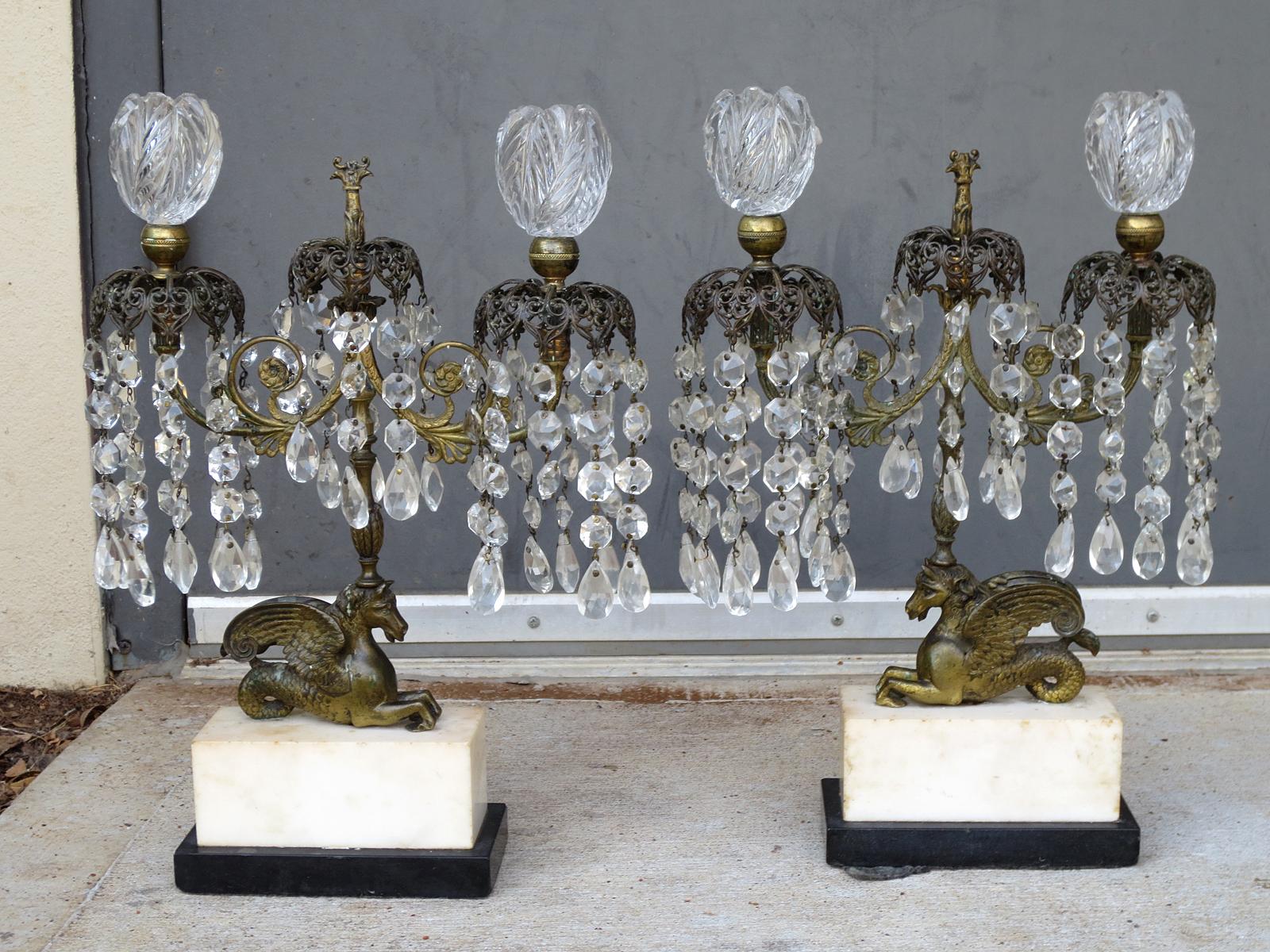 Pair of 19th Century Regency Crystal and Bronze Girandoles on Marble Bases For Sale 16