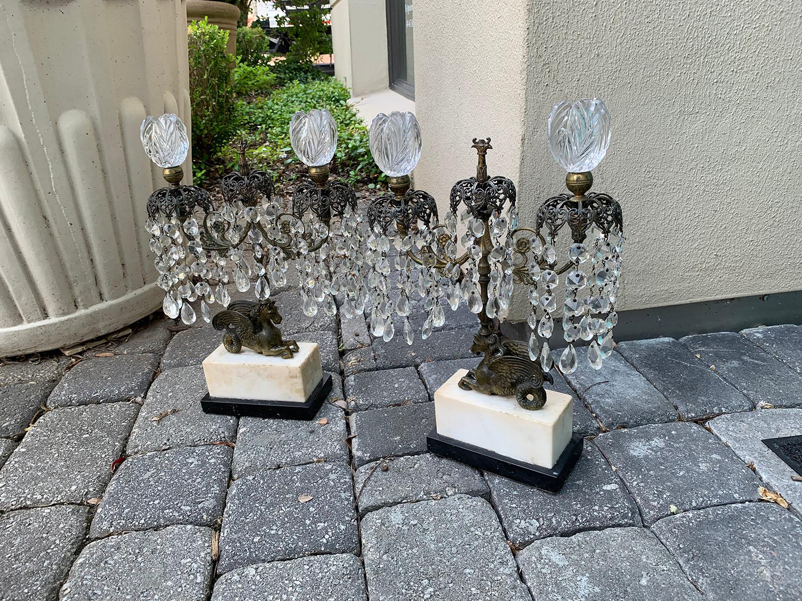 Pair of 19th Century Regency Crystal and Bronze Girandoles on Marble Bases In Good Condition For Sale In Atlanta, GA