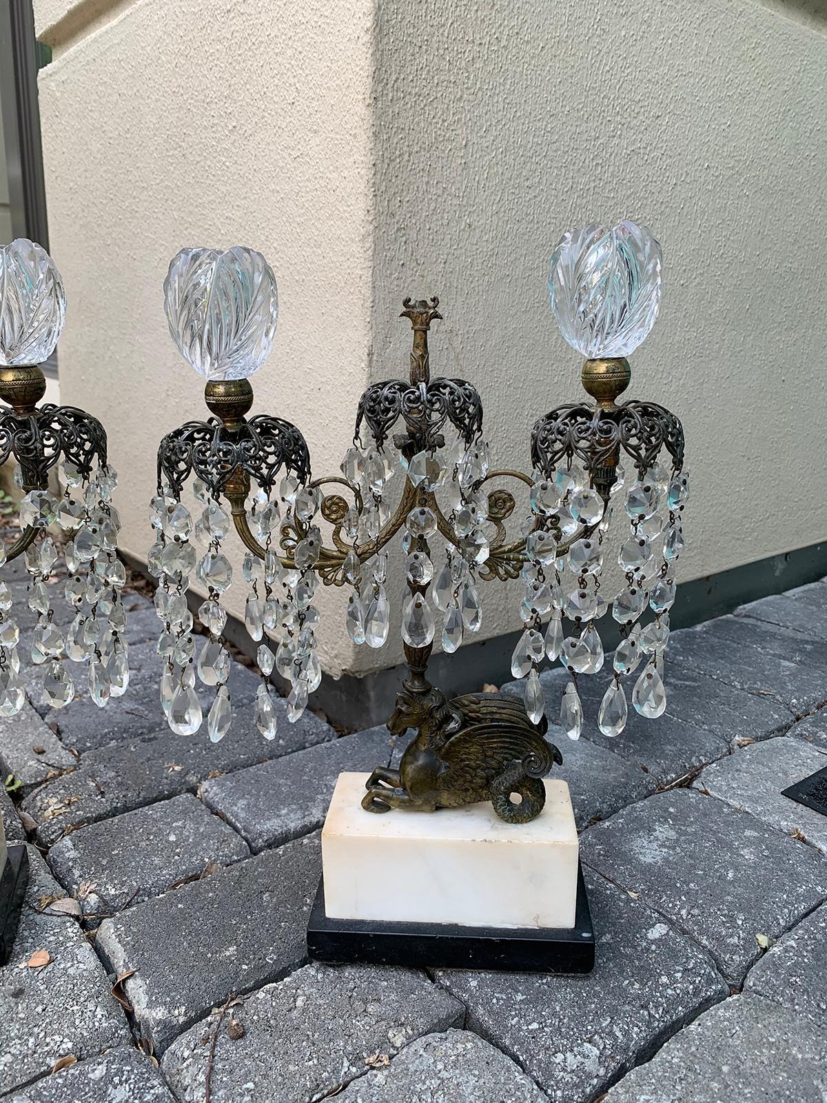 Pair of 19th Century Regency Crystal and Bronze Girandoles on Marble Bases For Sale 2