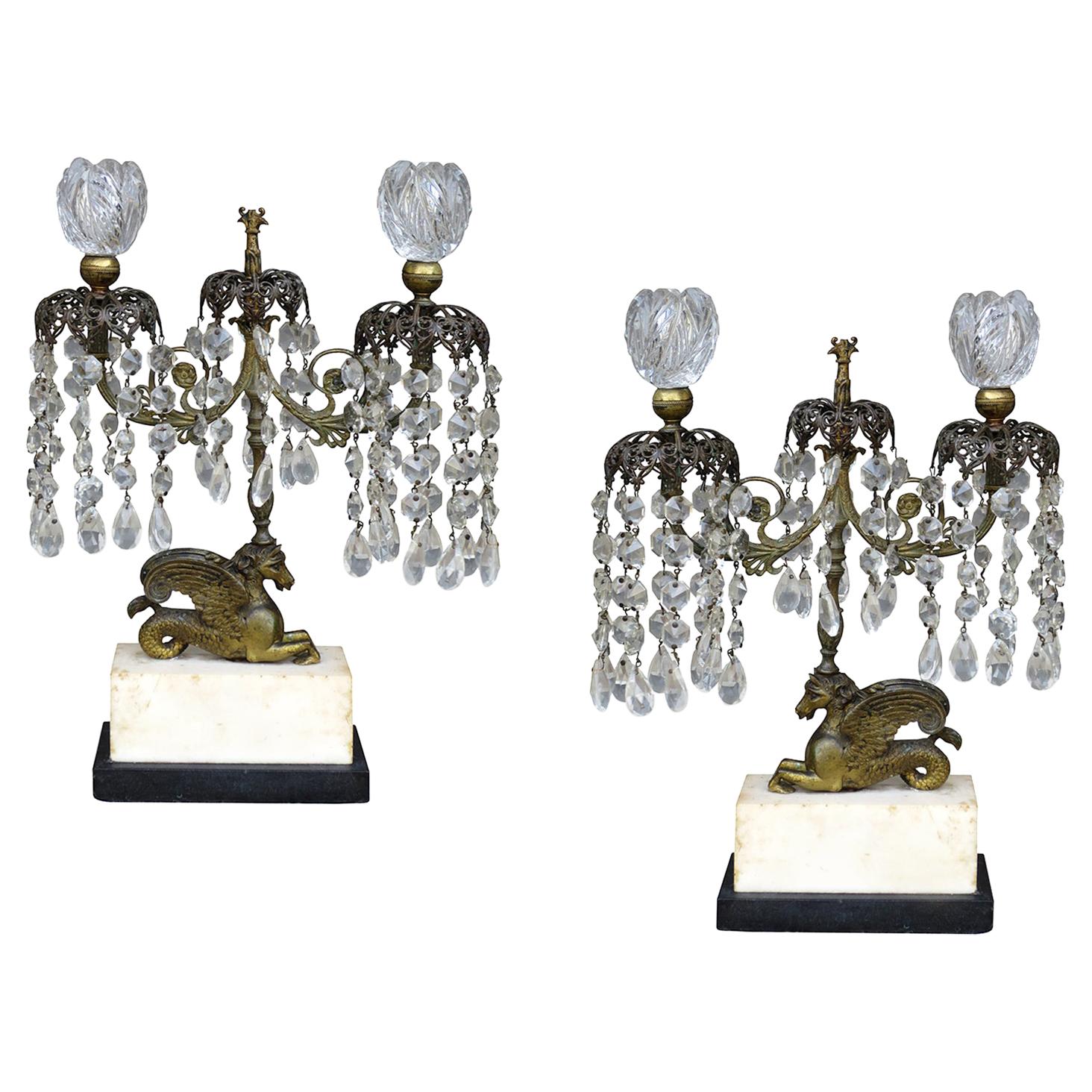 Pair of 19th Century Regency Crystal and Bronze Girandoles on Marble Bases For Sale