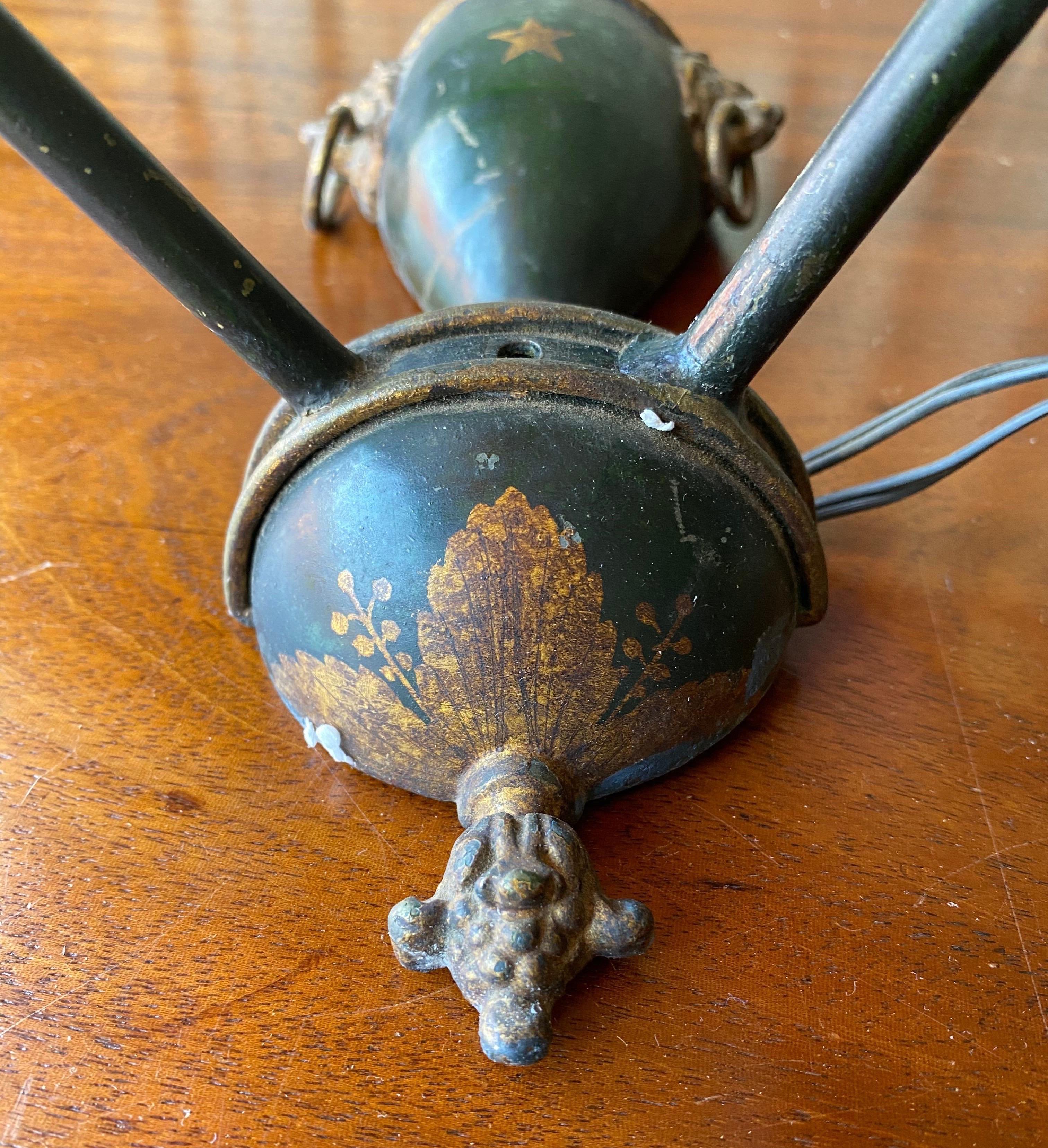 Pair of 19th Century Regency Double Light Paint Decorated Tole Sconces In Good Condition In Charleston, SC