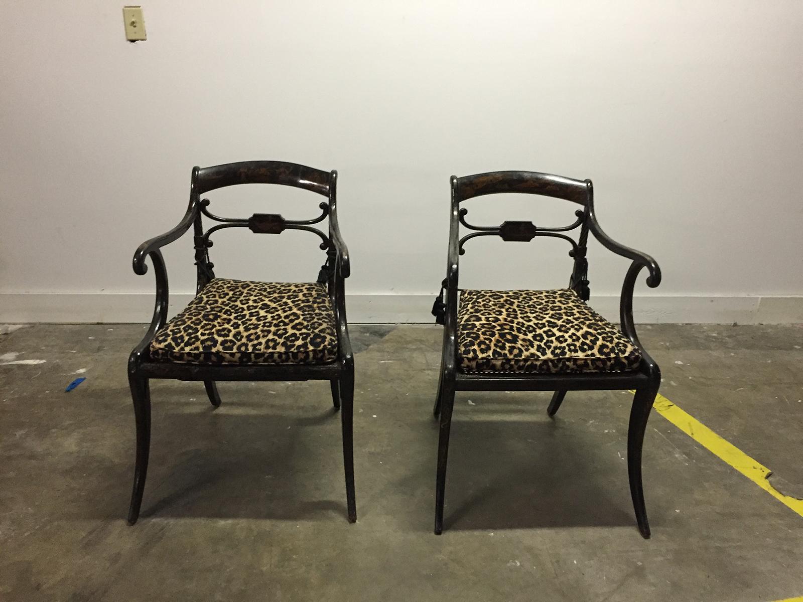 Pair of 19th century Regency ebonized armchairs, old painted finish
Measures: 21.5