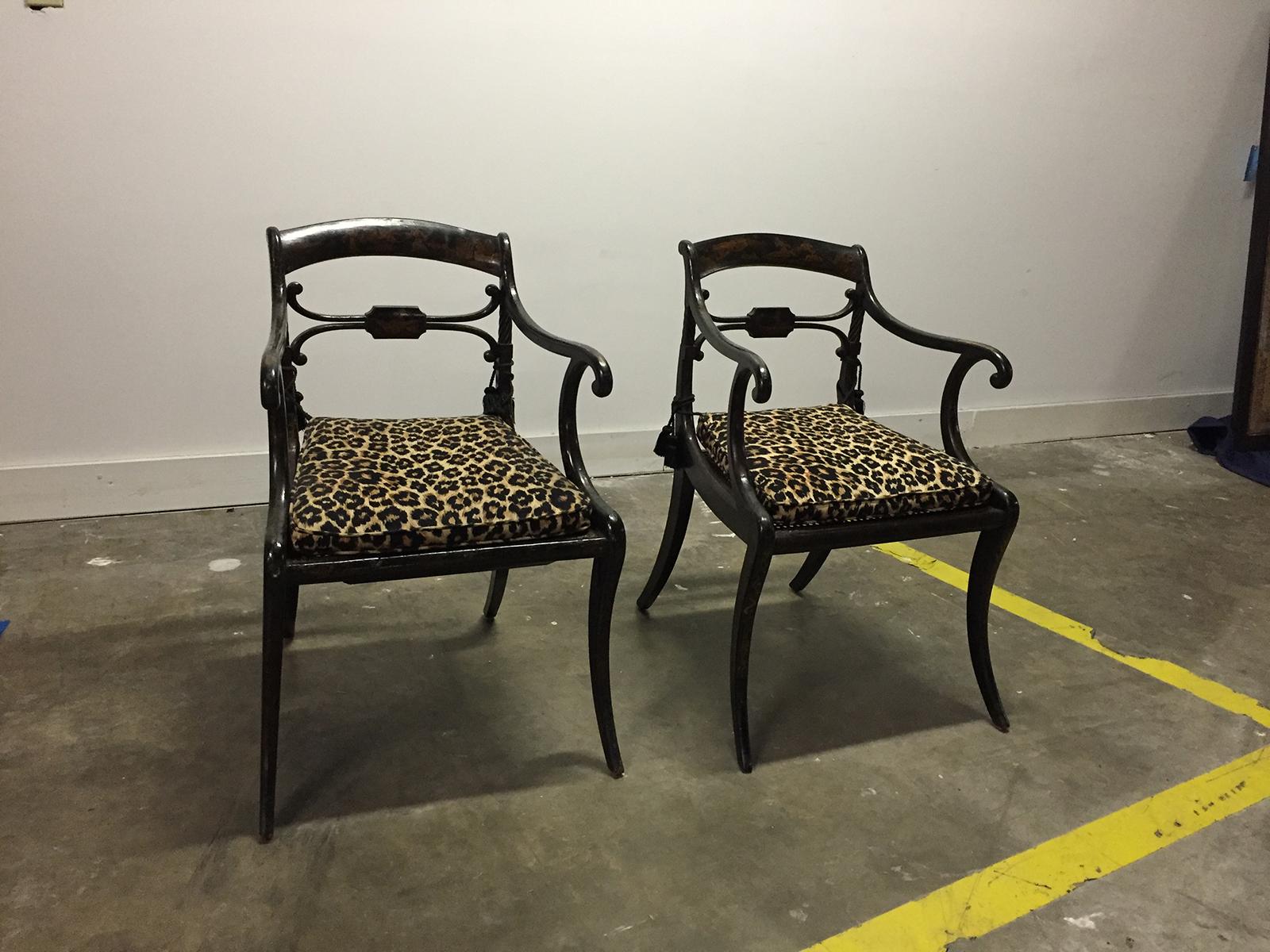 Pair of 19th Century Regency Ebonized Armchairs, Old Painted Finish In Good Condition In Atlanta, GA