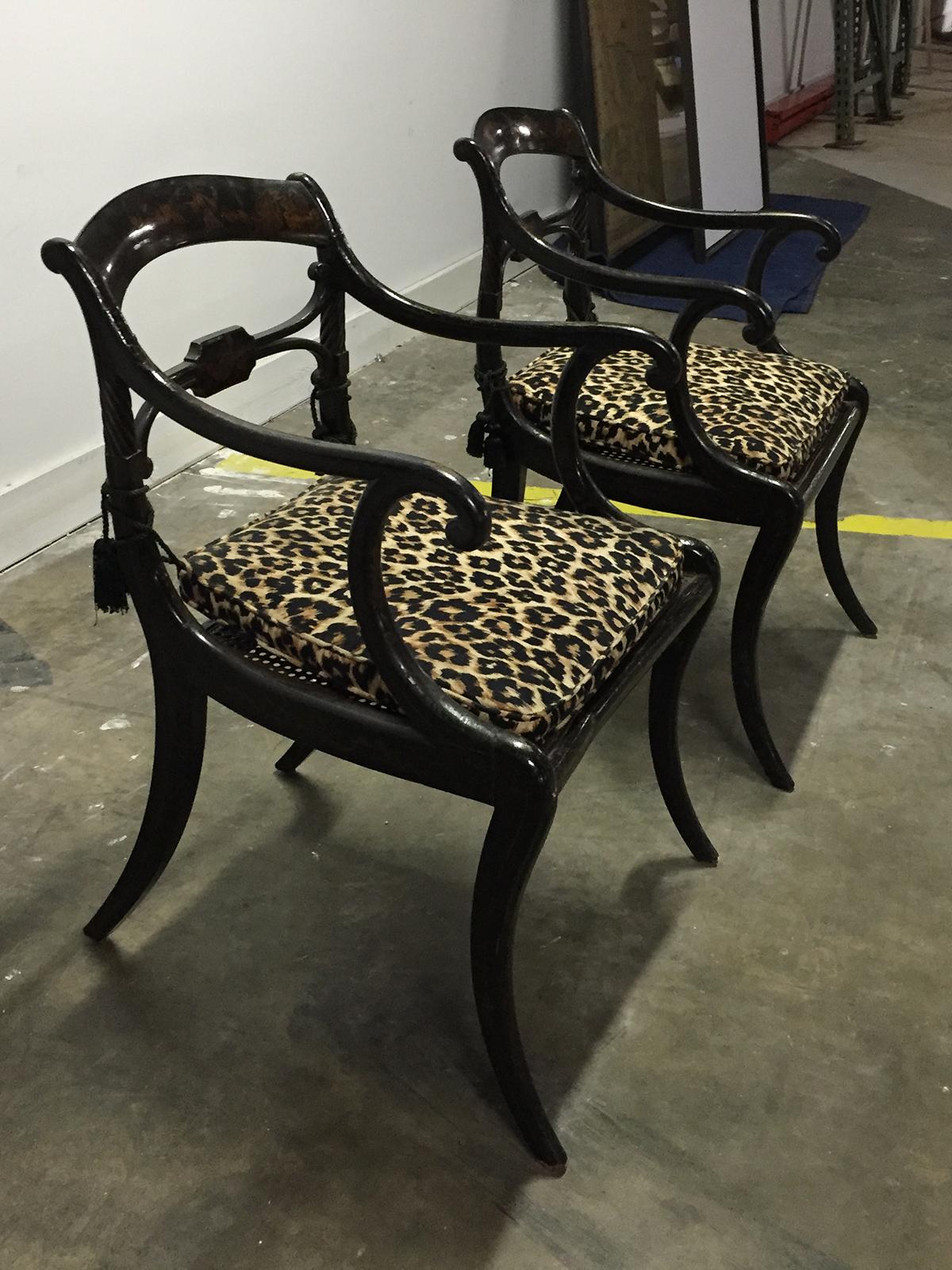 Wood Pair of 19th Century Regency Ebonized Armchairs, Old Painted Finish