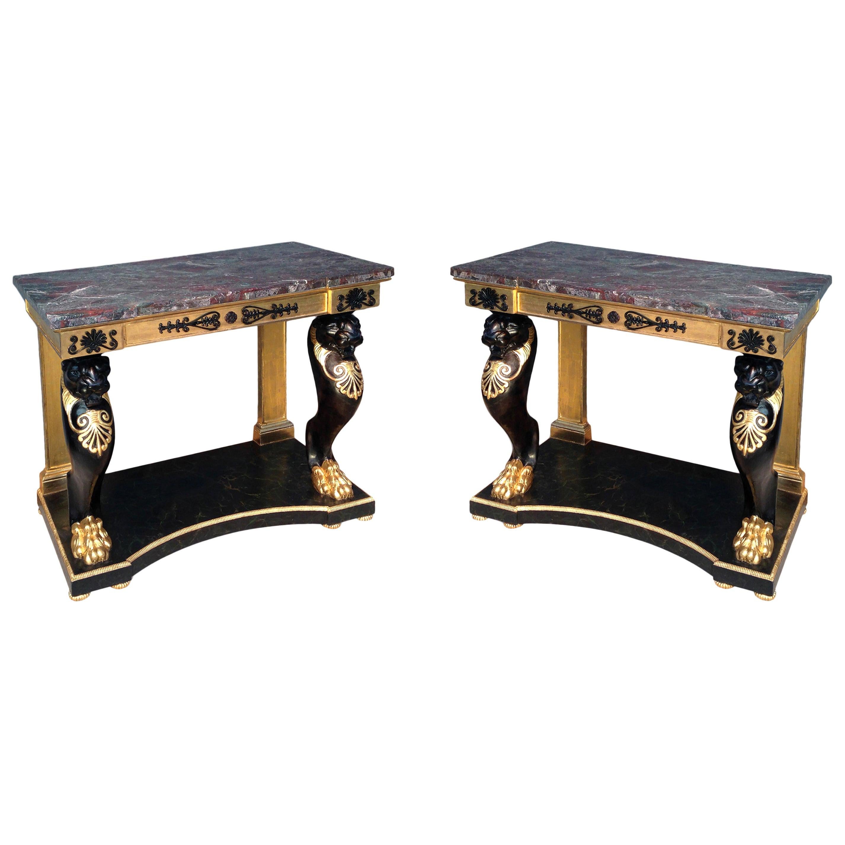 Pair of 19th Century Regency Gilt and Ebonized Console Tables