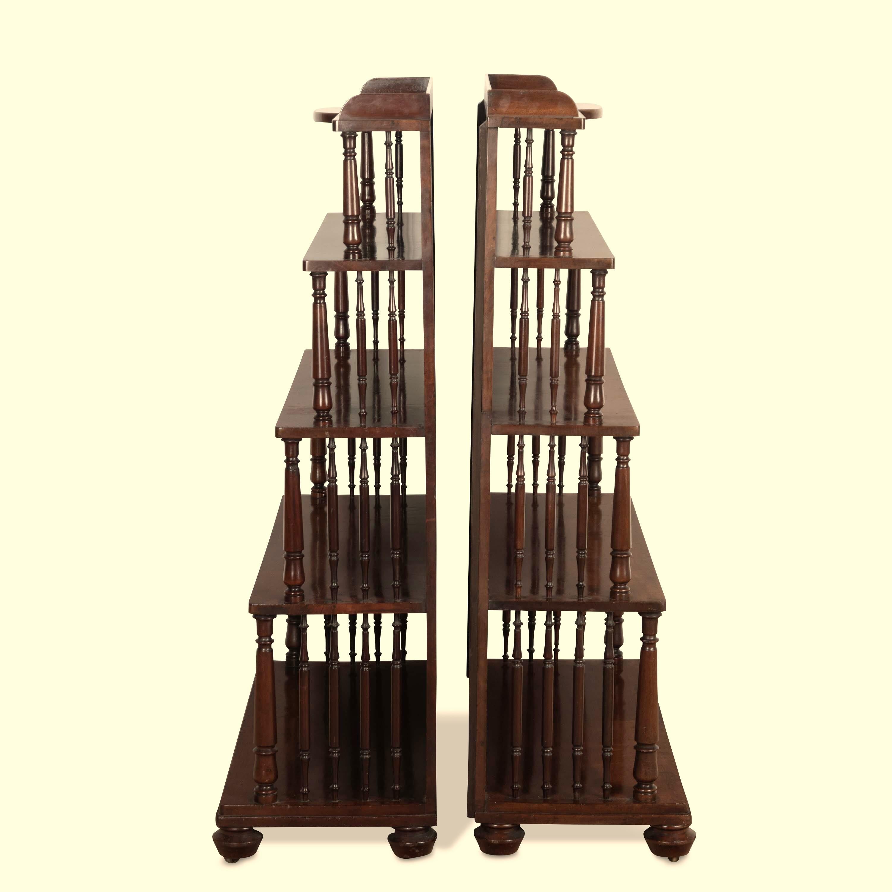 
Home / Stock / Pair of 19th Century Regency Mahogany Bookcases
PrevNext


﻿ A smart pair of Regency mahogany waterfall open bookcases, with low gallery to the top shelf and bow centre section, above 4 further graduating shelves with turned