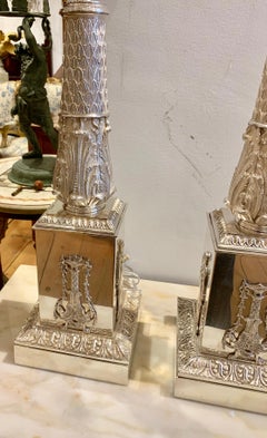 Pair of 19th Century Regency Silvered Neoclassical Lamps