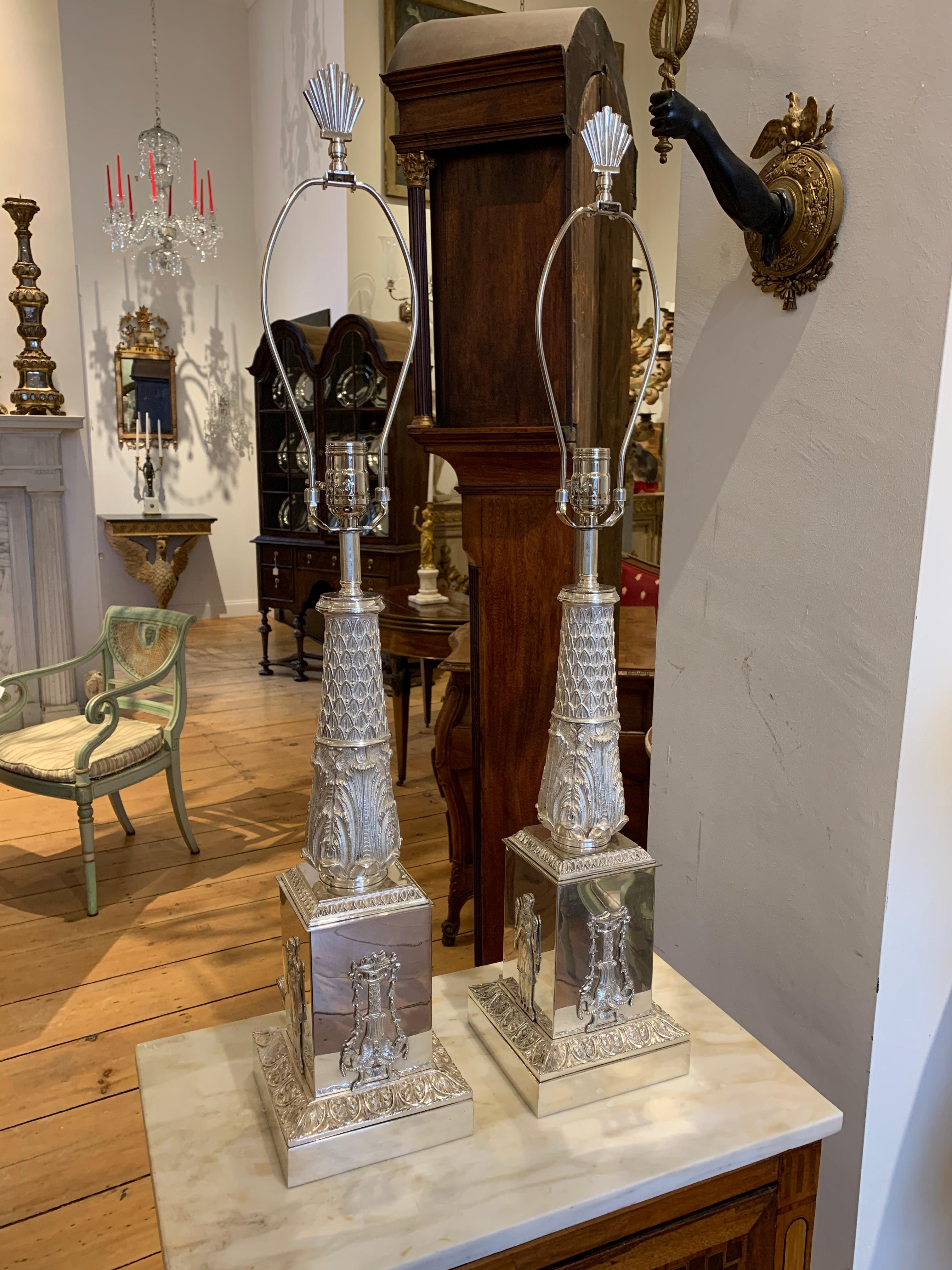 English Pair of 19th Century Regency Silvered Neoclassical Lamps