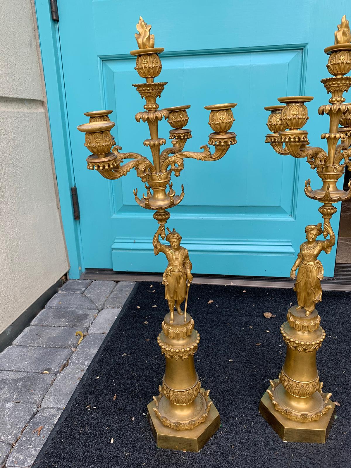 Pair of 19th Century Regency Style Gilt Bronze Four Arm Figural Candelabras For Sale 3
